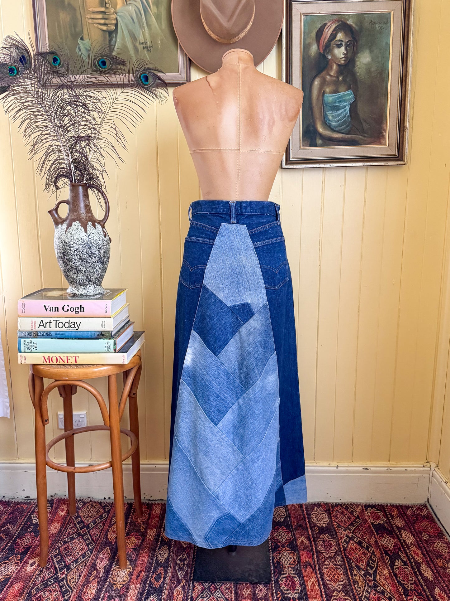 VINTAGE REWORKED LEVI’S COTTON DENIM PATCHWORK MIDI SKIRT S