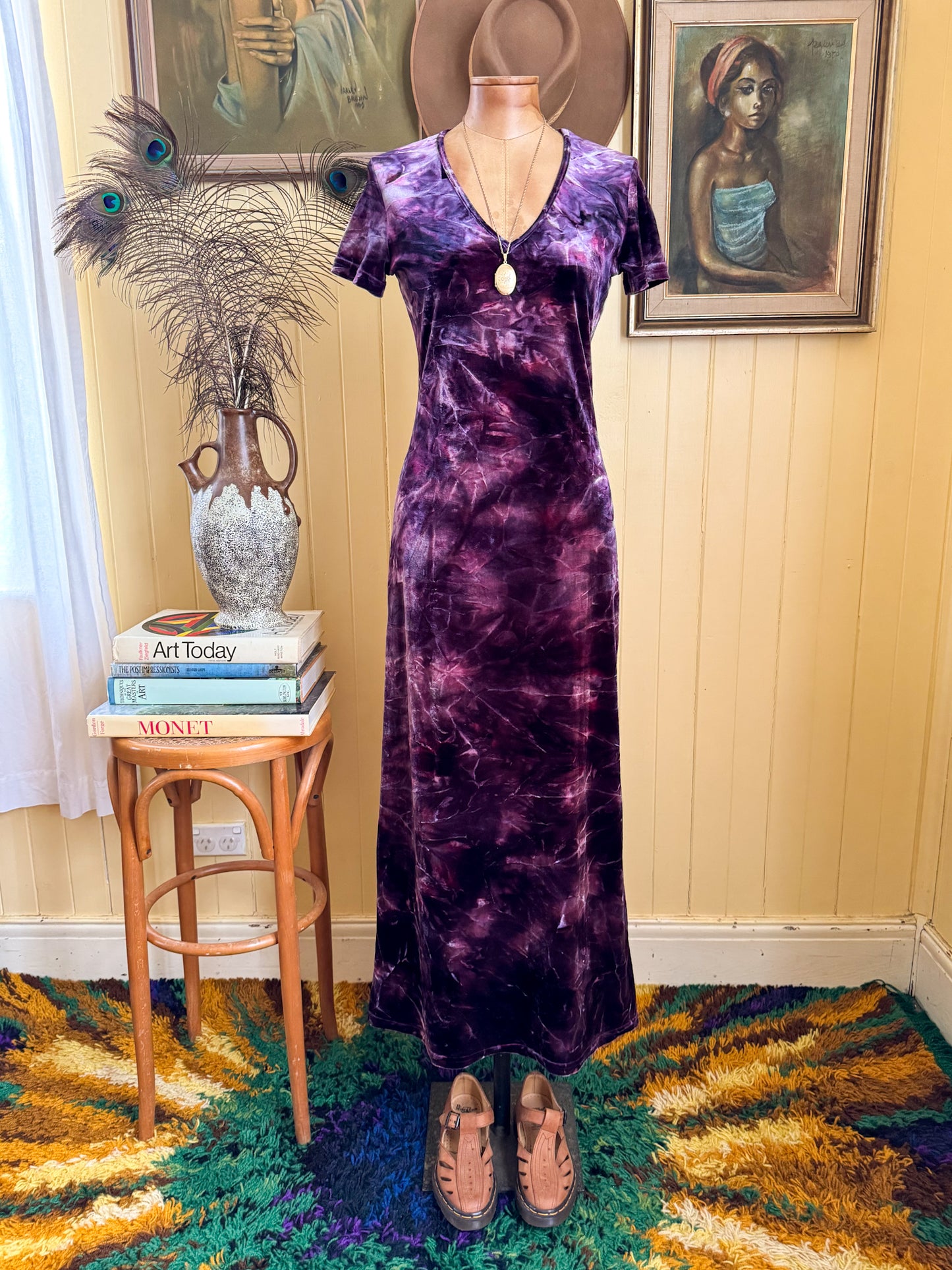 VINTAGE 1990S SINEQUANONE PARIS VELVET TIE DYE MAXI DRESS S