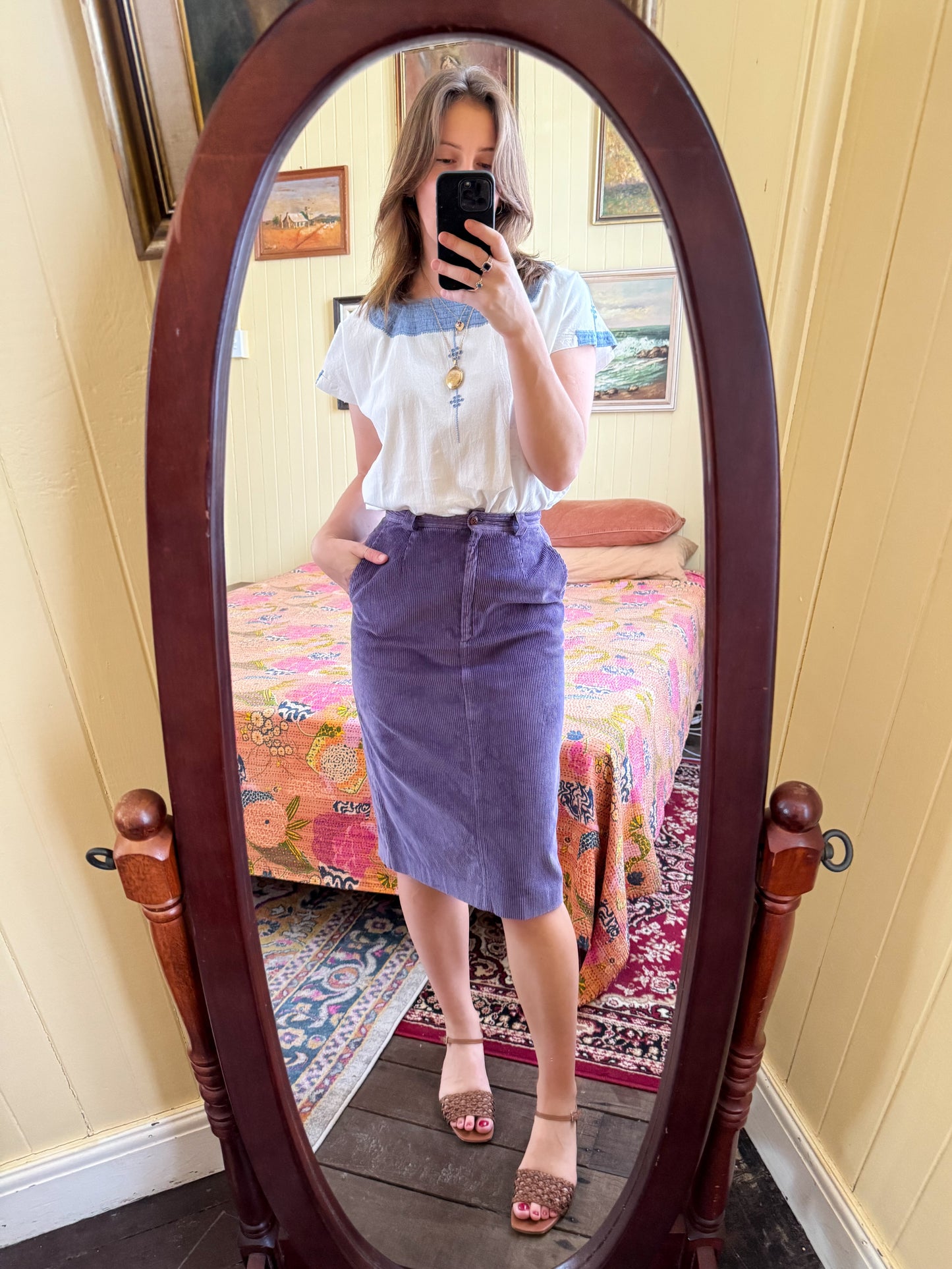 VINTAGE 1980S SPORTSCRAFT COTTON CORDUROY MIDI PENCIL SKIRT S/M