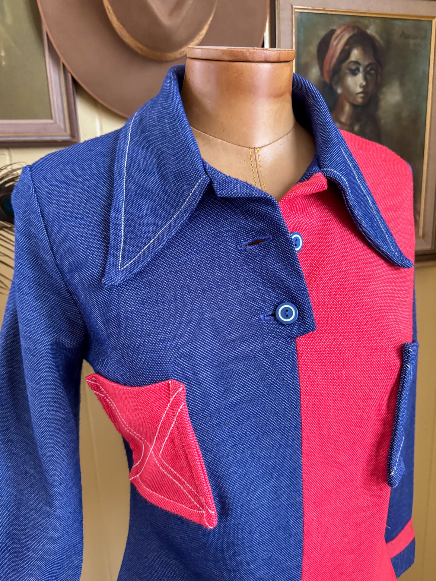 VINTAGE 1960S JULIAN HAYE COLOUR BLOCK COLLARED TUNIC TOP S