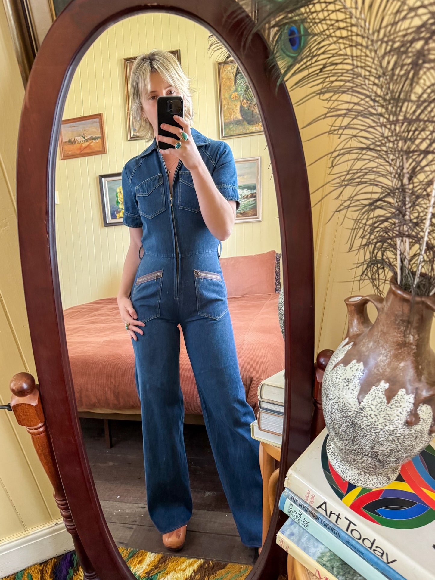 VINTAGE 1970S VADIM AUSTRALIAN COTTON DENIM WIDE LEG JUMPSUIT S/M