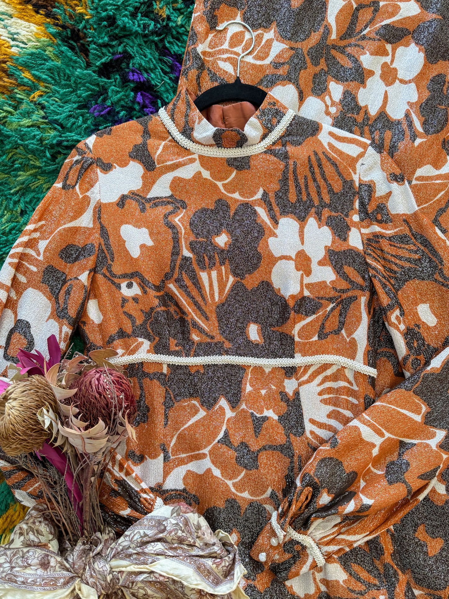 VINTAGE 1960S LUREX PSYCHEDELIC FLORAL PRINT MAXI DRESS S/M