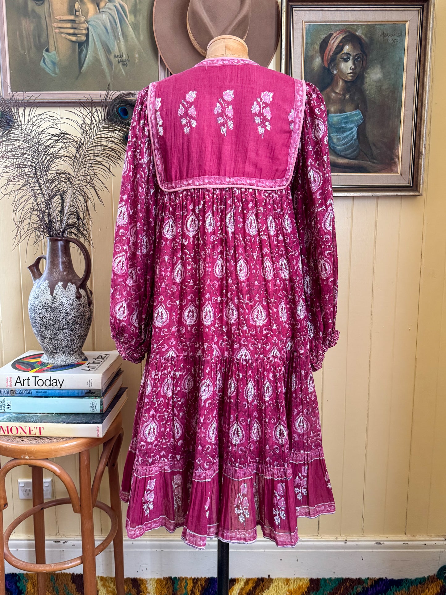 VINTAGE 1970S RARE ADINI INDIAN COTTON GAUZE MIDI DRESS S