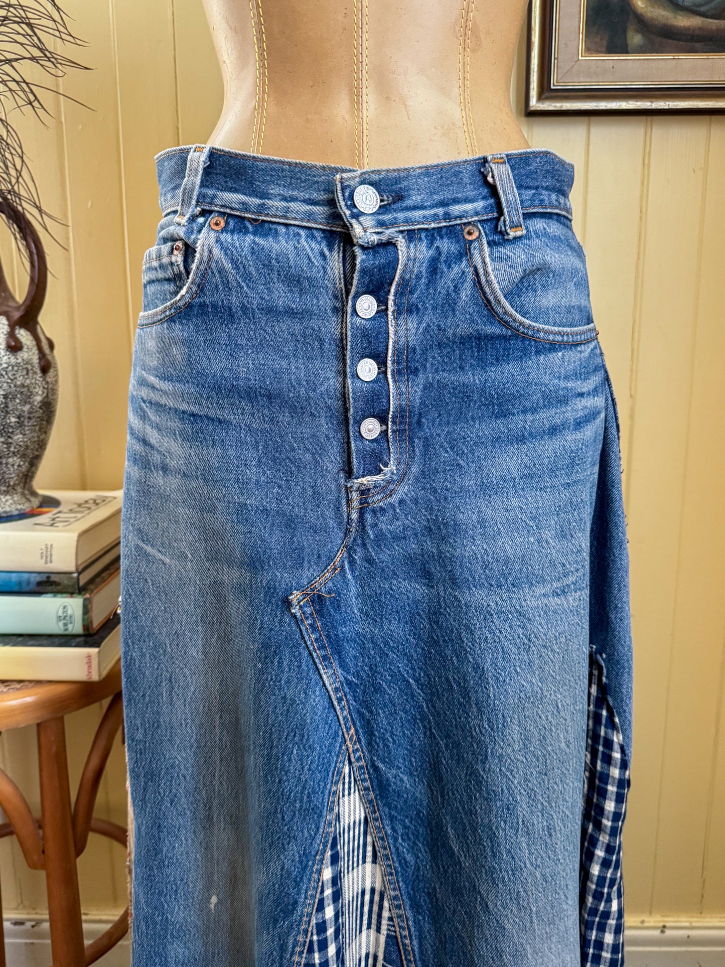 VINTAGE REWORKED LEVI’S COTTON DENIM PATCHWORK SPLICED MAXI SKIRT M