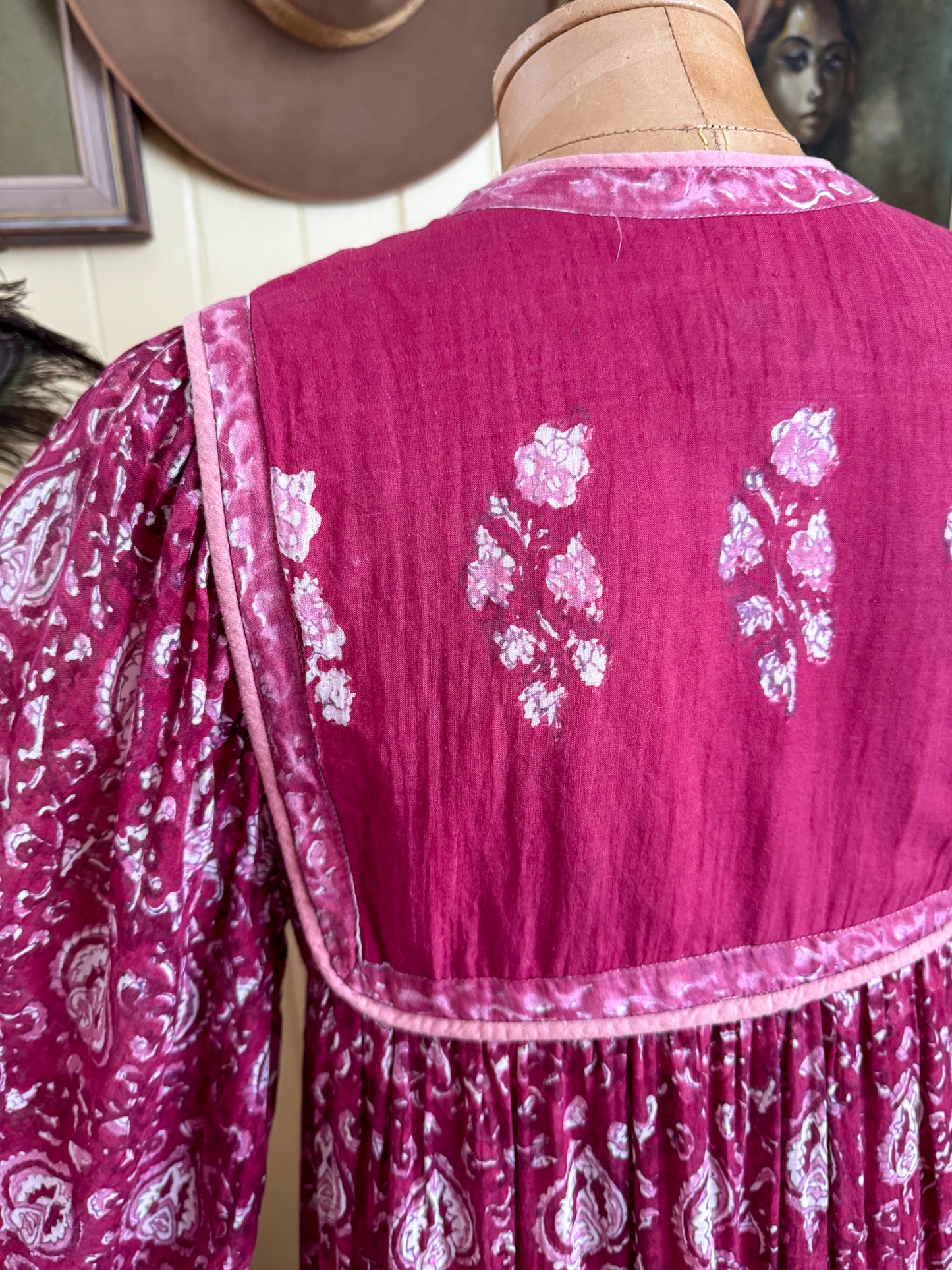 VINTAGE 1970S RARE ADINI INDIAN COTTON GAUZE MIDI DRESS S