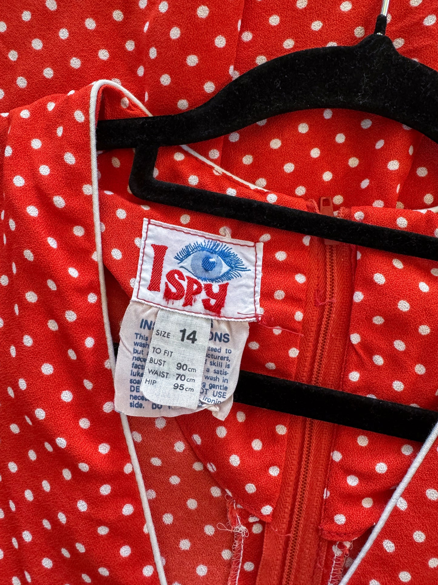 VINTAGE 1970S I-SPY POLY RED POLKA DOT PRINT MAXI DRESS S