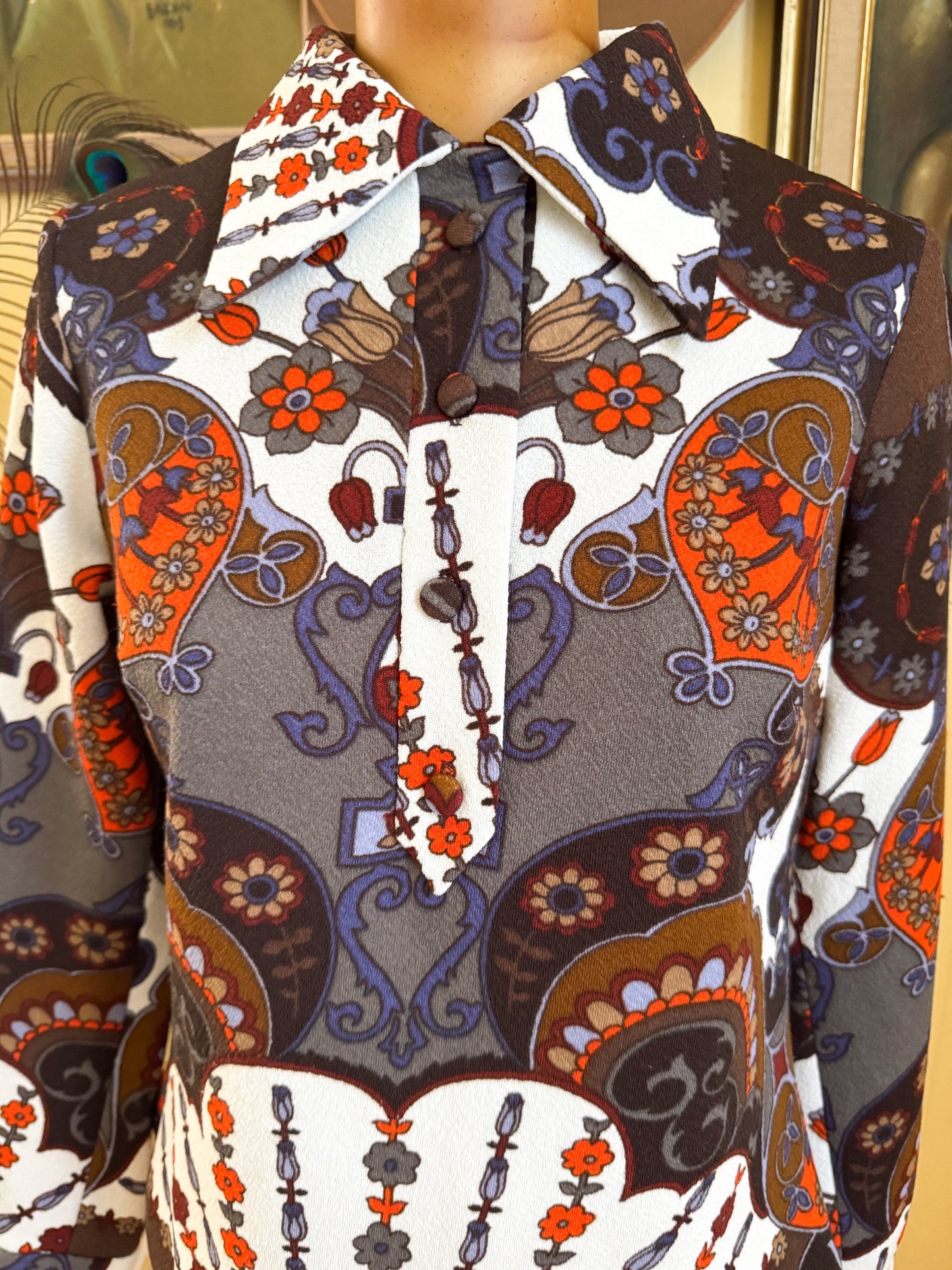 VINTAGE 1970S J BY JAYS POLY PSYCHEDELIC PRINT COLLARED TOP S