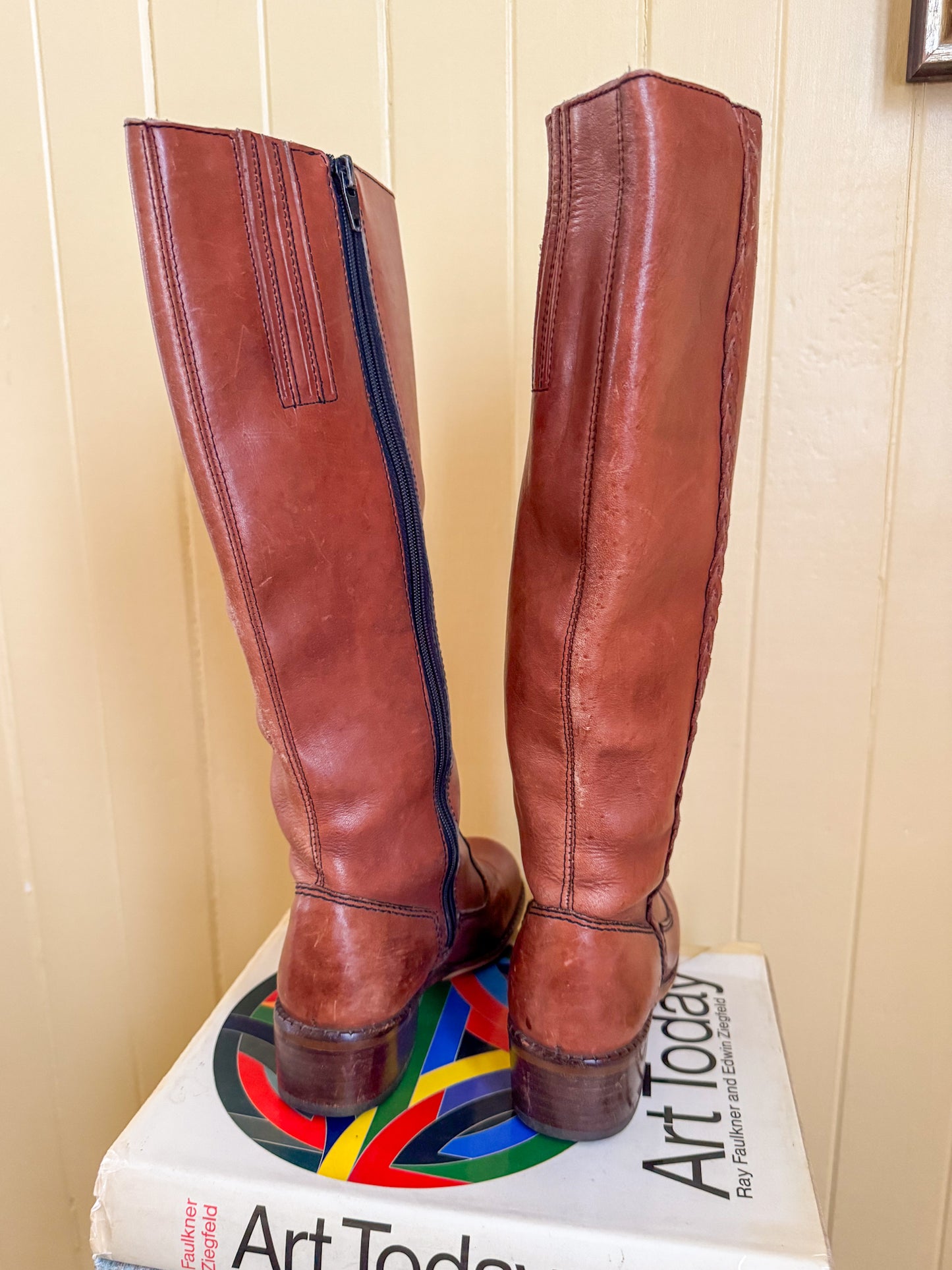 VINTAGE BRAZILIAN CAMPUS CHESTNUT LEATHER BLOCK HEEL BOOTS 5-5.5/36