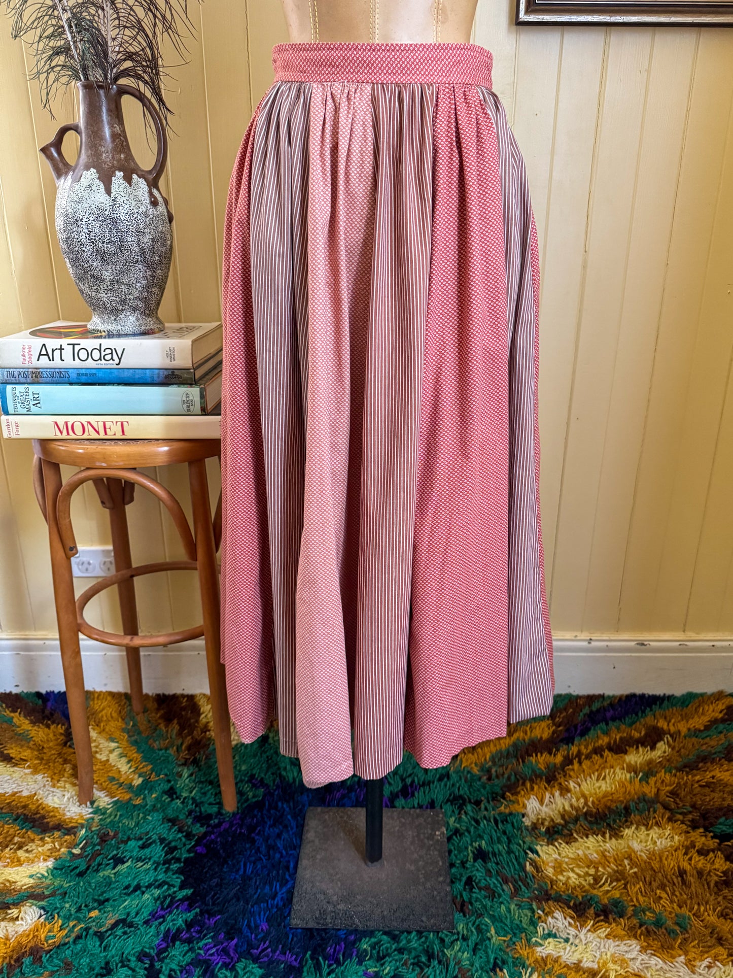 VINTAGE 1970S PRUE ACTON COTTON SPLICED PRINT PEASANT MIDI SKIRT XS