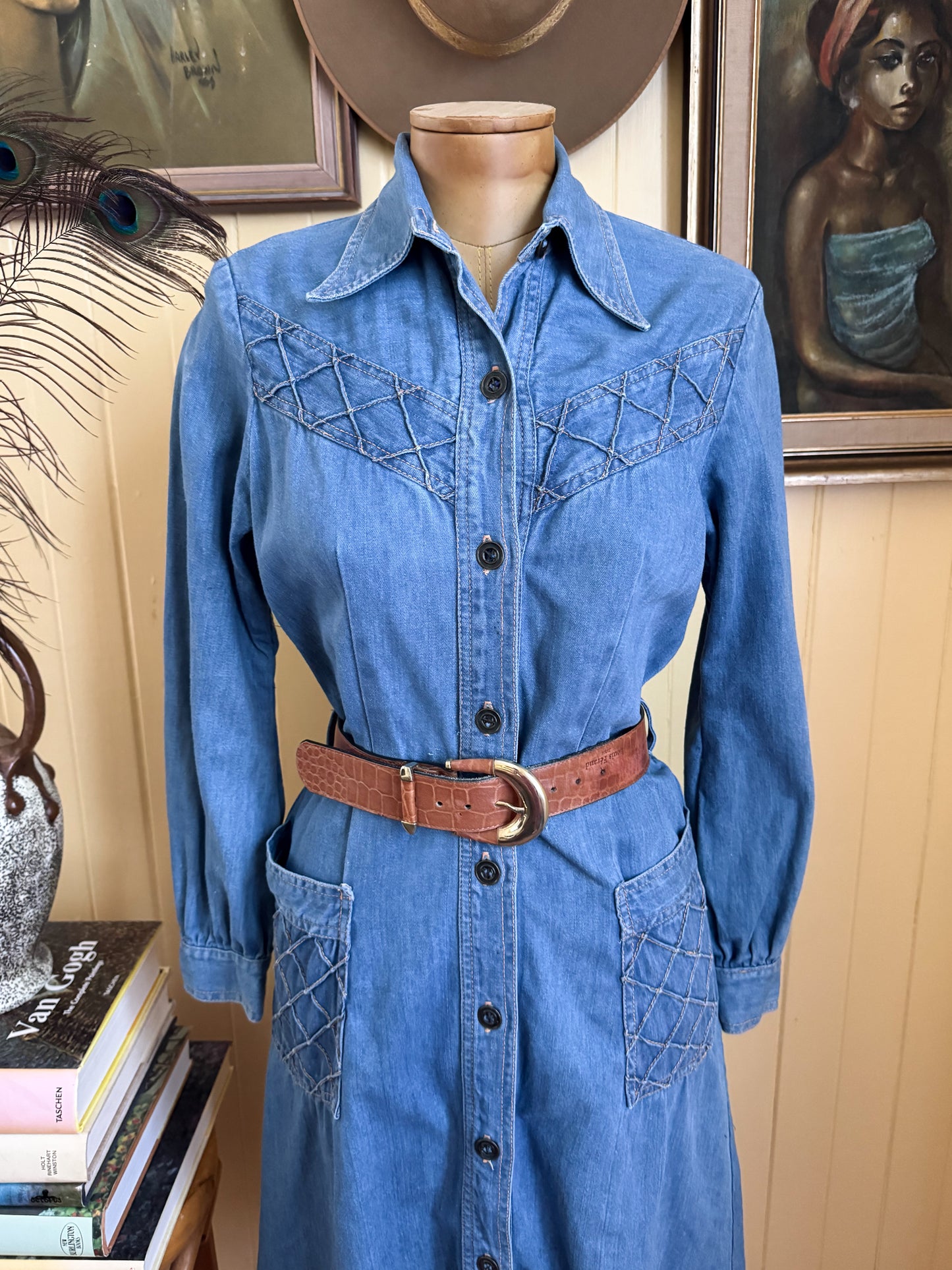 VINTAGE 1970S SUNDANCE COTTON DENIM BUTTON THROUGH MIDI SHIRT DRESS S