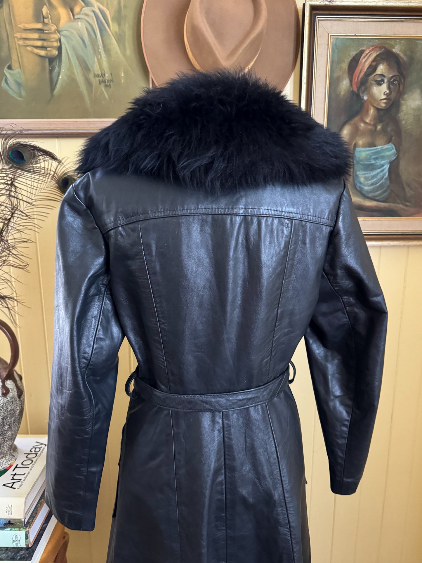 VINTAGE 1970S BLACK LEATHER PENNY LANE LONG SHEARLING COAT S
