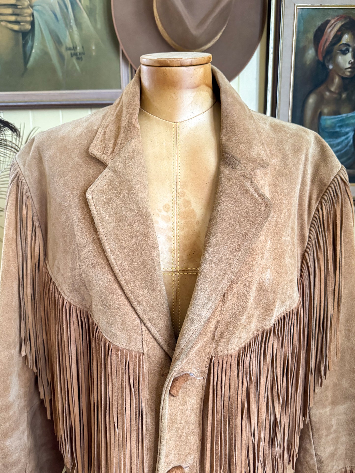 VINTAGE 1980S PIONEER WEAR SUEDE FRINGED WESTERN JACKET XL