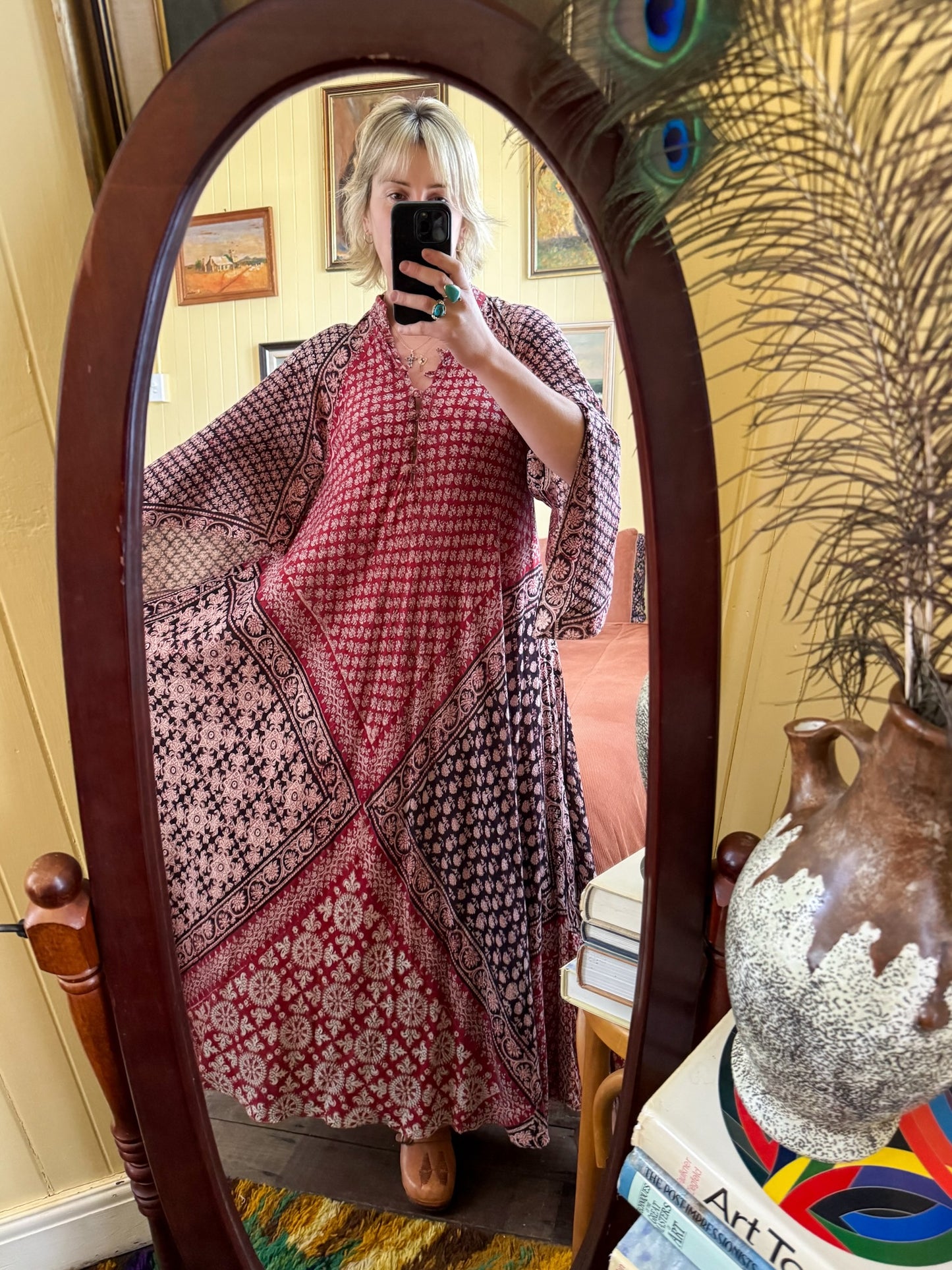 VINTAGE 1960S INDIA IMPORTS COTTON GAUZE BLOCK PRINT MAXI KAFTAN DRESS ONE SIZE