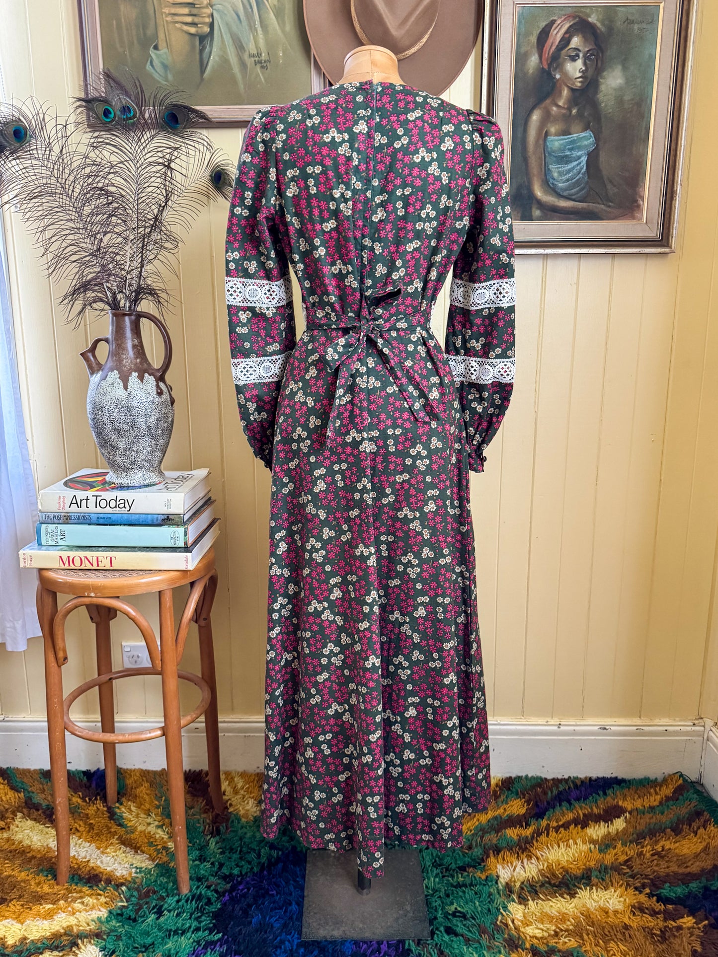 VINTAGE 1970S RICHARD SHOPS COTTON FLORAL PRINT MAXI PRAIRIE DRESS S/M