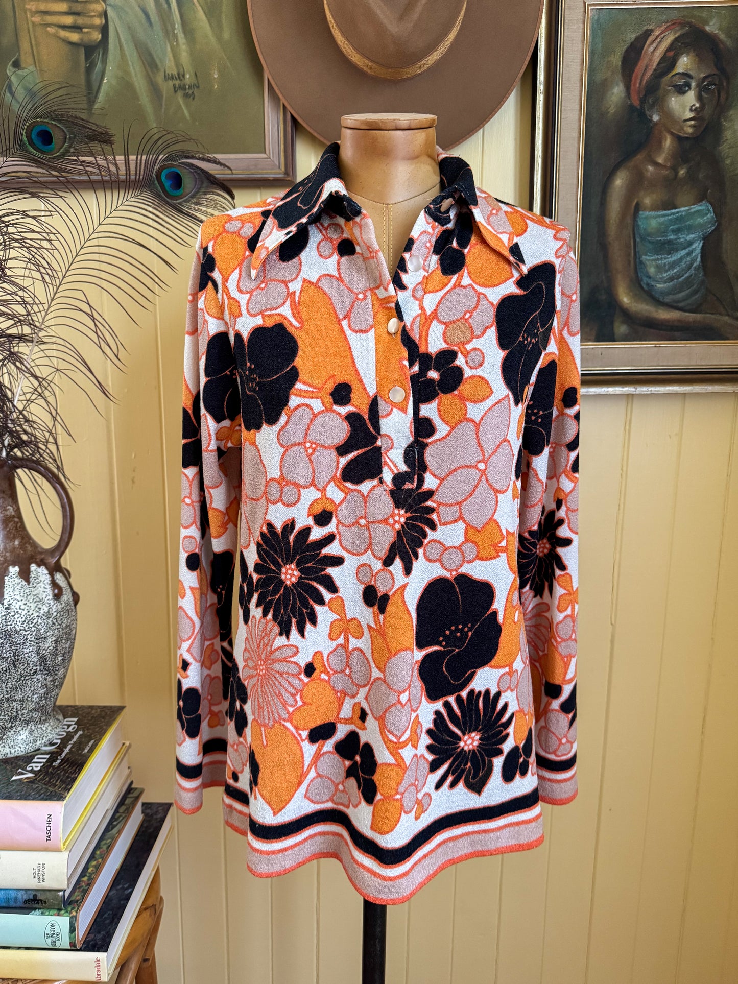 VINTAGE 1970S DOMONY PSYCHEDELIC PRINT COLLARED TUNIC TOP M/L