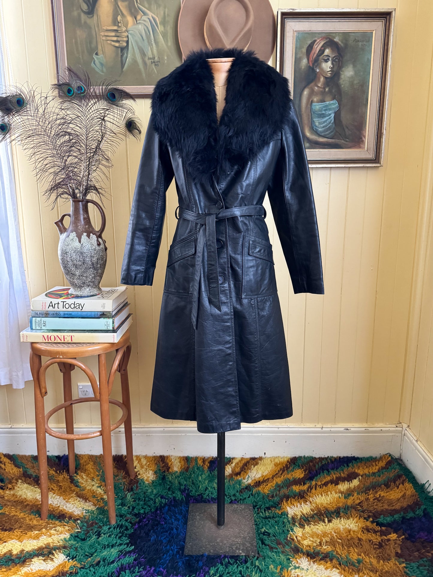 VINTAGE 1970S BLACK LEATHER PENNY LANE LONG SHEARLING COAT S