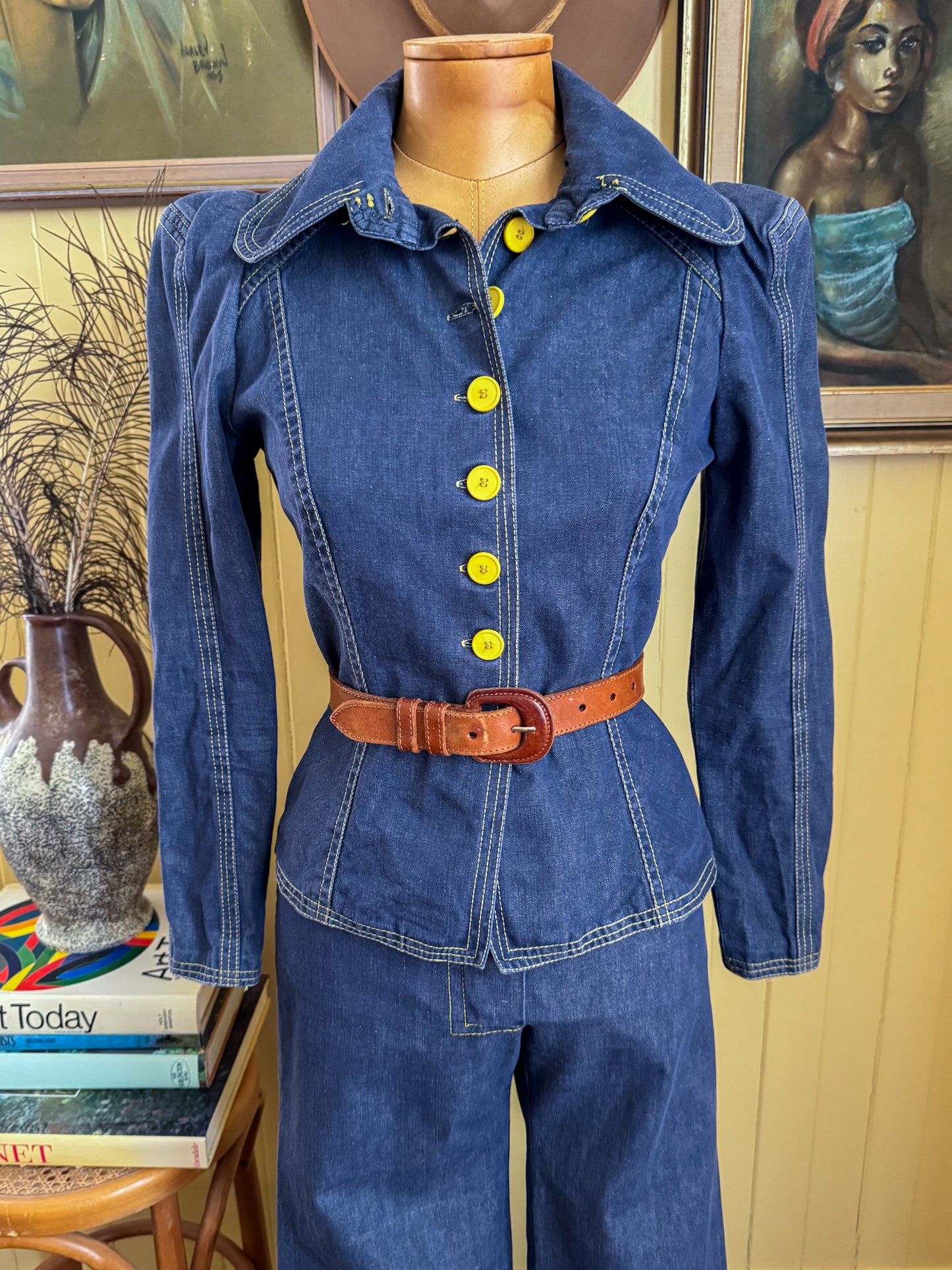 VINTAGE 1970S BILLY PLUNKETT DENIM JACKET AND FLARED JEANS SET XS