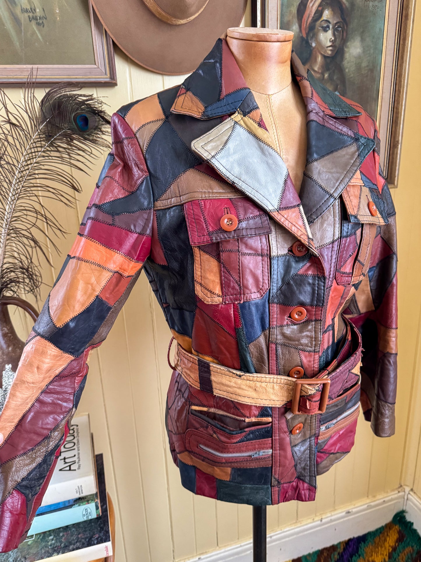 VINTAGE 1970S KOREAN PATCHWORK LEATHER SAFARI BELTED JACKET M
