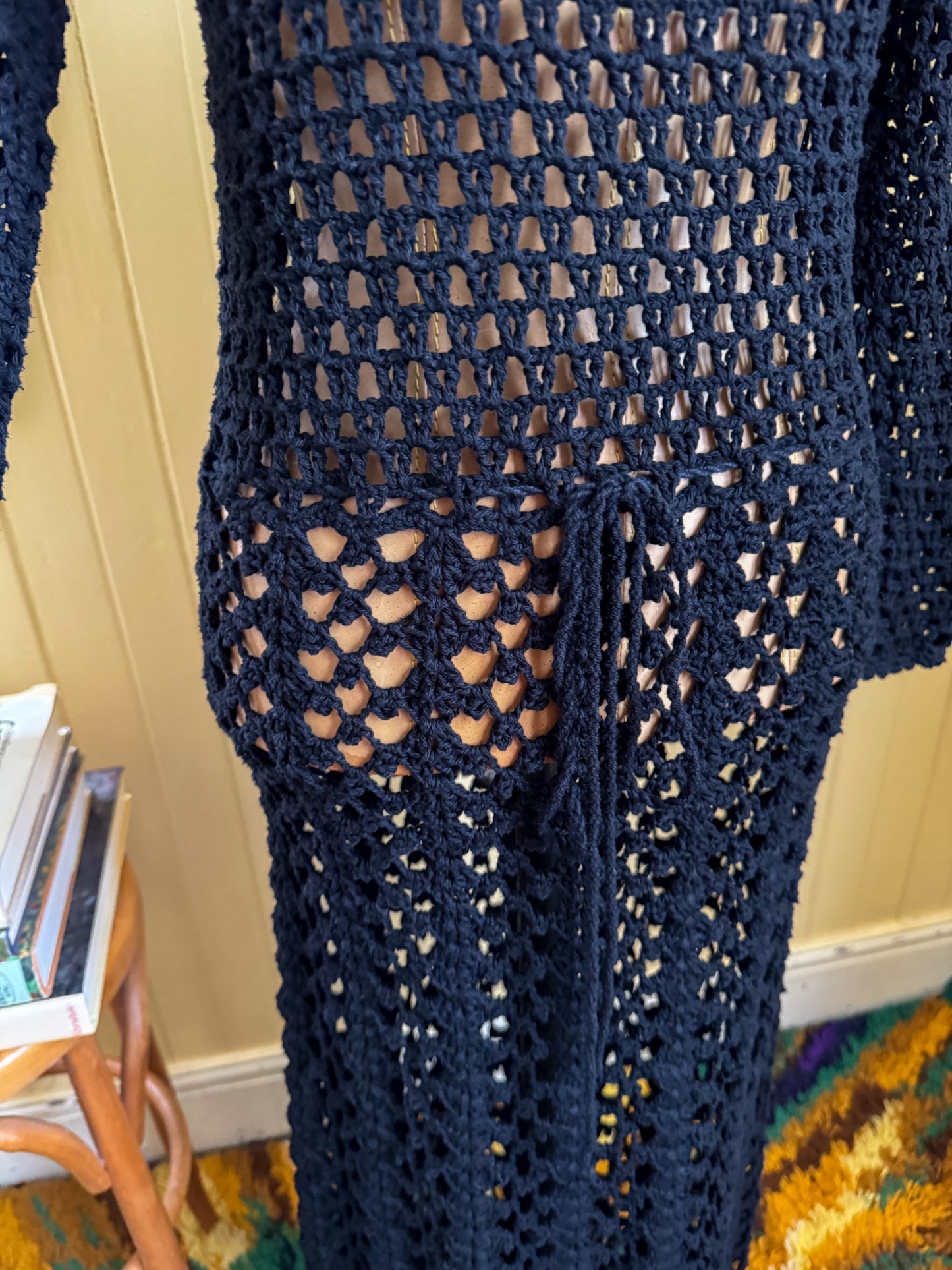 VINTAGE 1970S COTTON CROCHET OPEN WEAVE MAXI DRESS XS