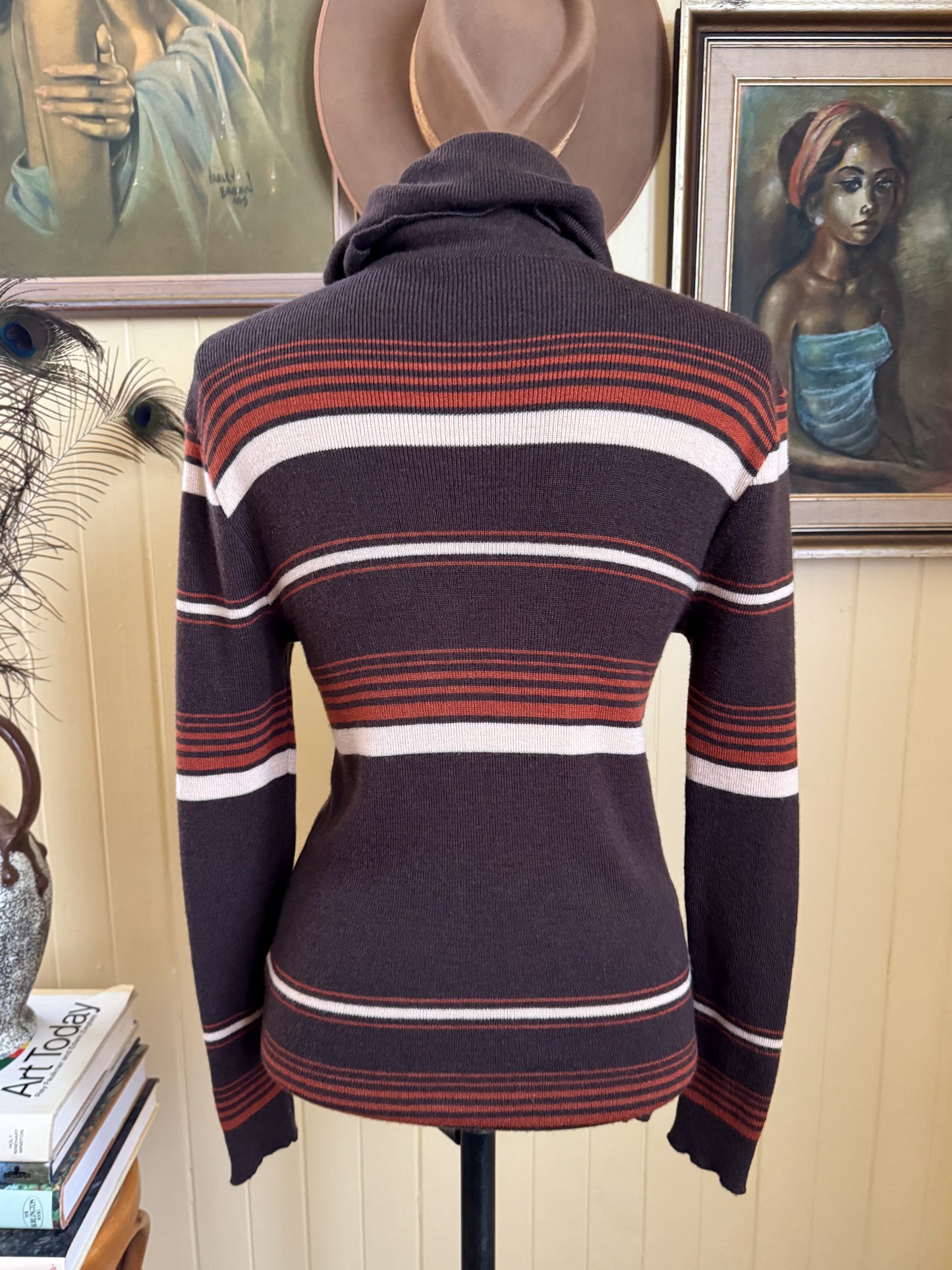 VINTAGE 1970S SPORTSCRAFT WOOLLEN KNIT ROLL NECK STRIPED JUMPER M/L