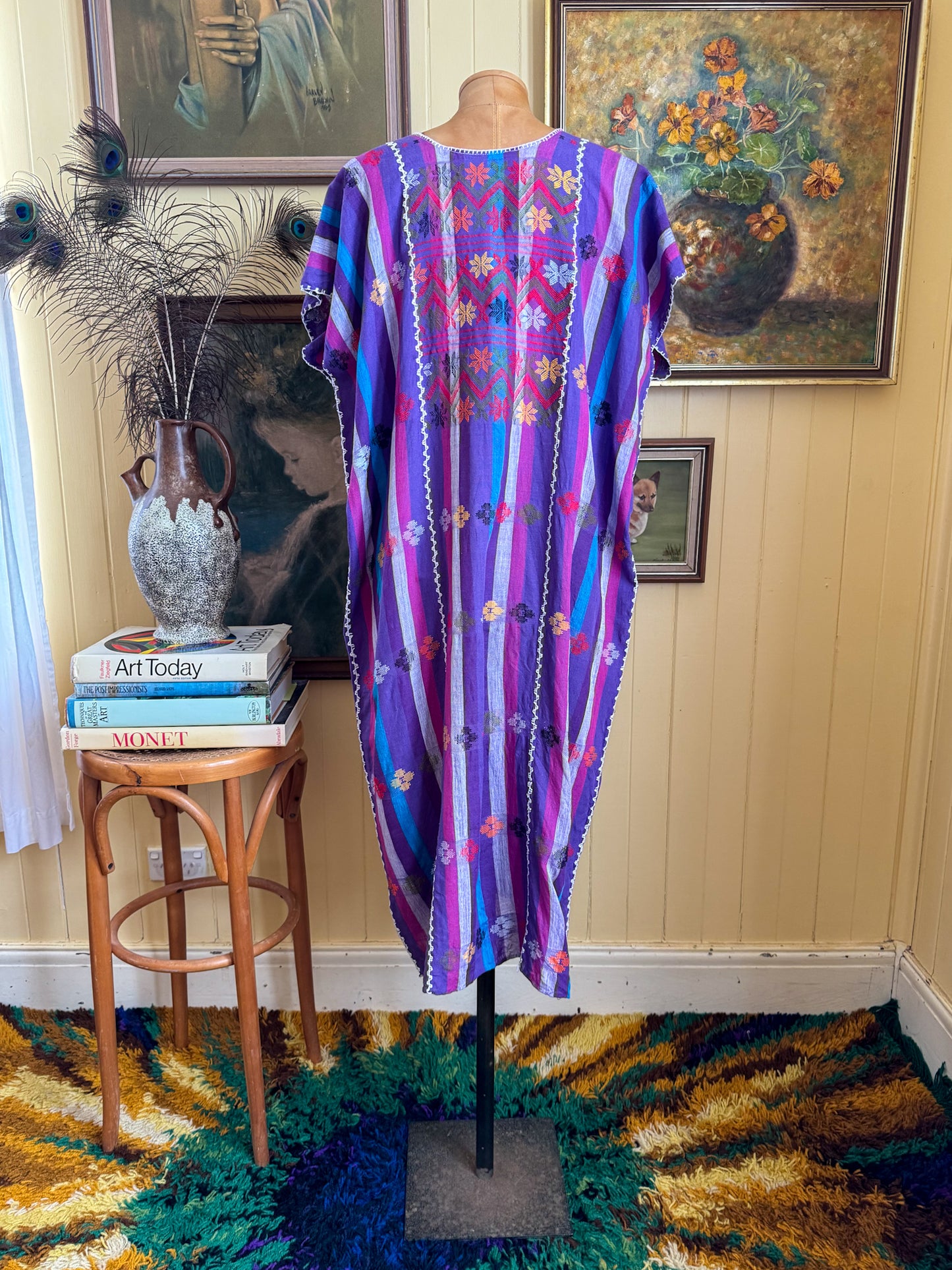 HANDMADE MEXICAN STRIPED WOVEN COTTON EMBROIDERED HUIPIL DRESS S/M/L