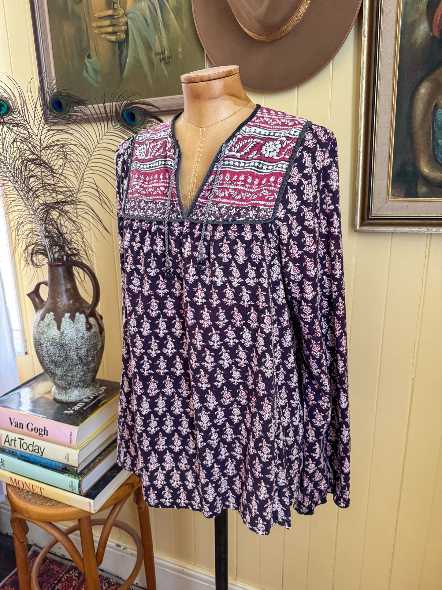 VINTAGE 1970S MALIKA INDIAN COTTON BLOCK PRINT FOLK BLOUSE S/M