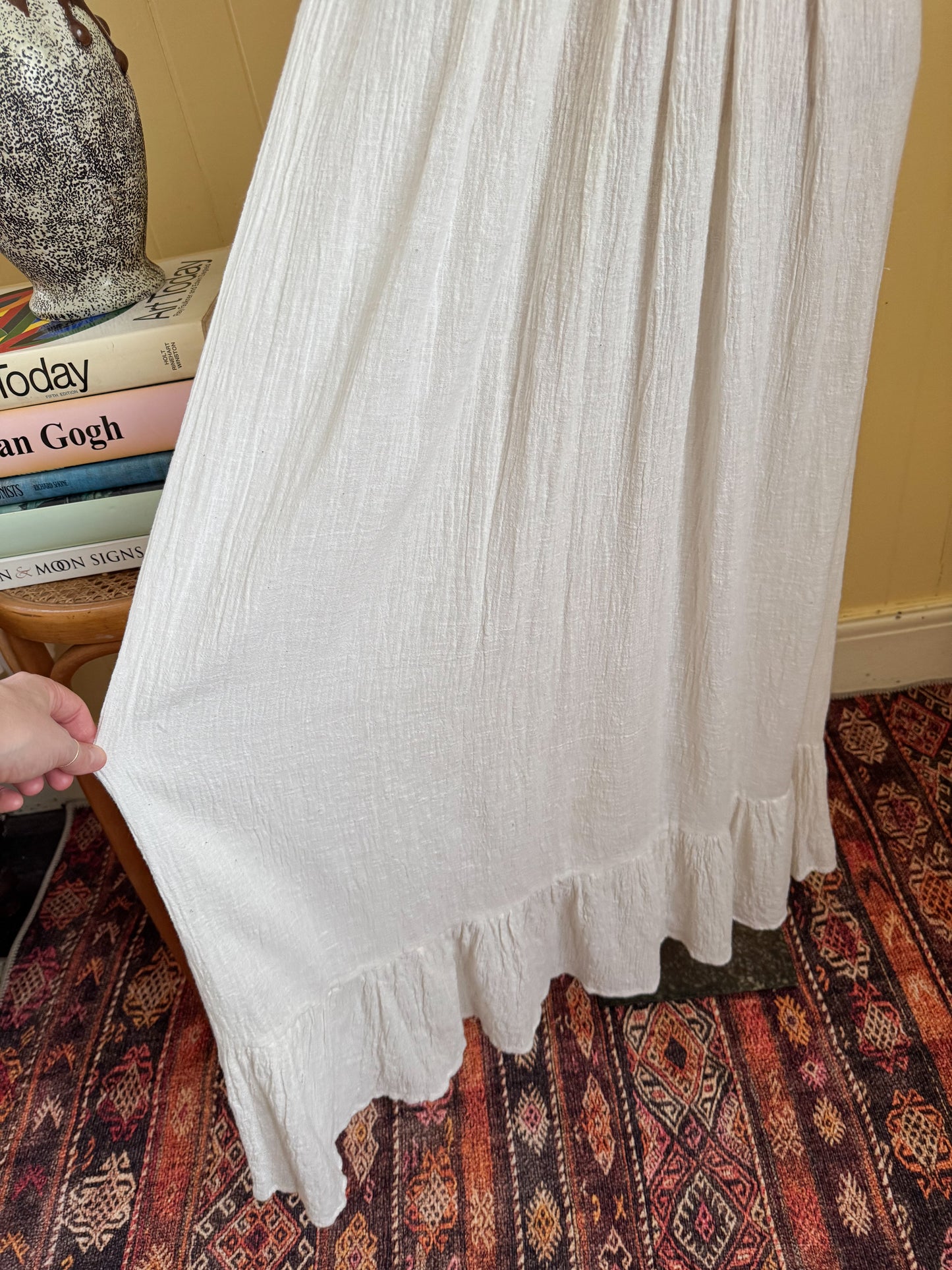 VINTAGE 1970S INDIAN COTTON CHEESECLOTH CROCHET MAXI DRESS S/M