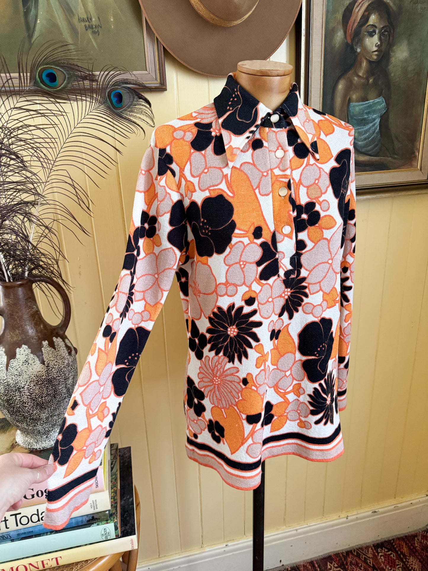 VINTAGE 1970S DOMONY PSYCHEDELIC PRINT COLLARED TUNIC TOP M/L