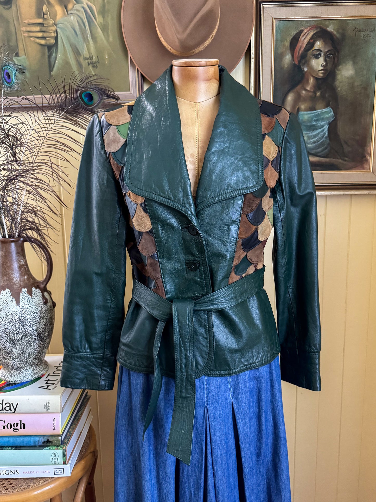 VINTAGE 1970S RARE KOREAN SCALLOPED PATCHWORK LEATHER JACKET S/M
