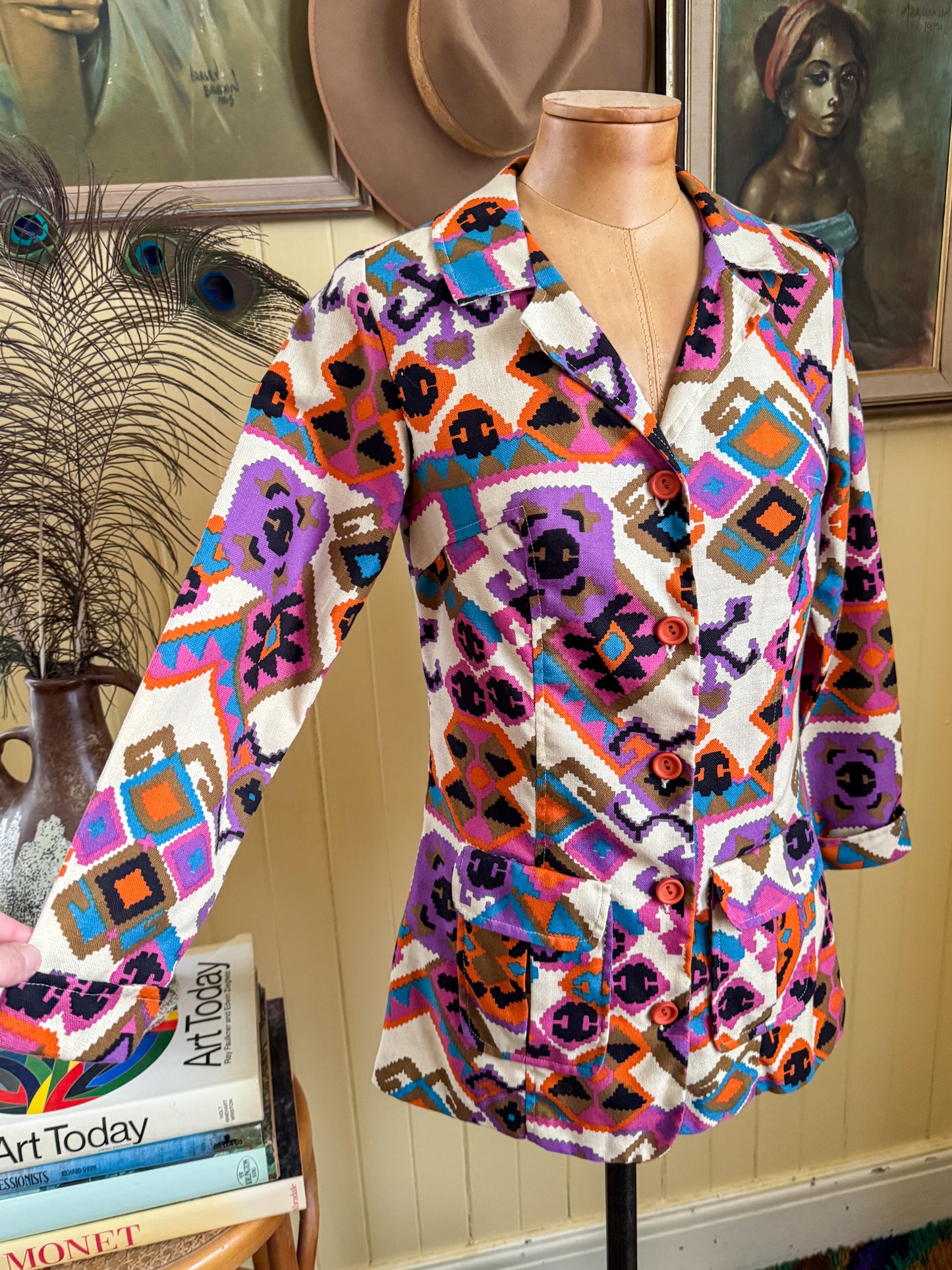 VINTAGE 1970S PSYCHEDELIC GEOMETRIC PRINT FITTED JACKET S
