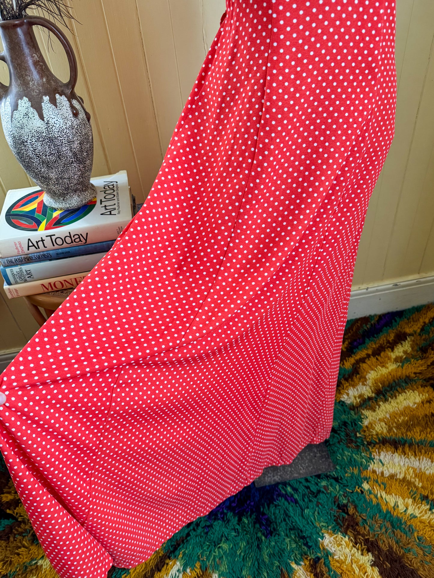 VINTAGE 1970S I-SPY POLY RED POLKA DOT PRINT MAXI DRESS S