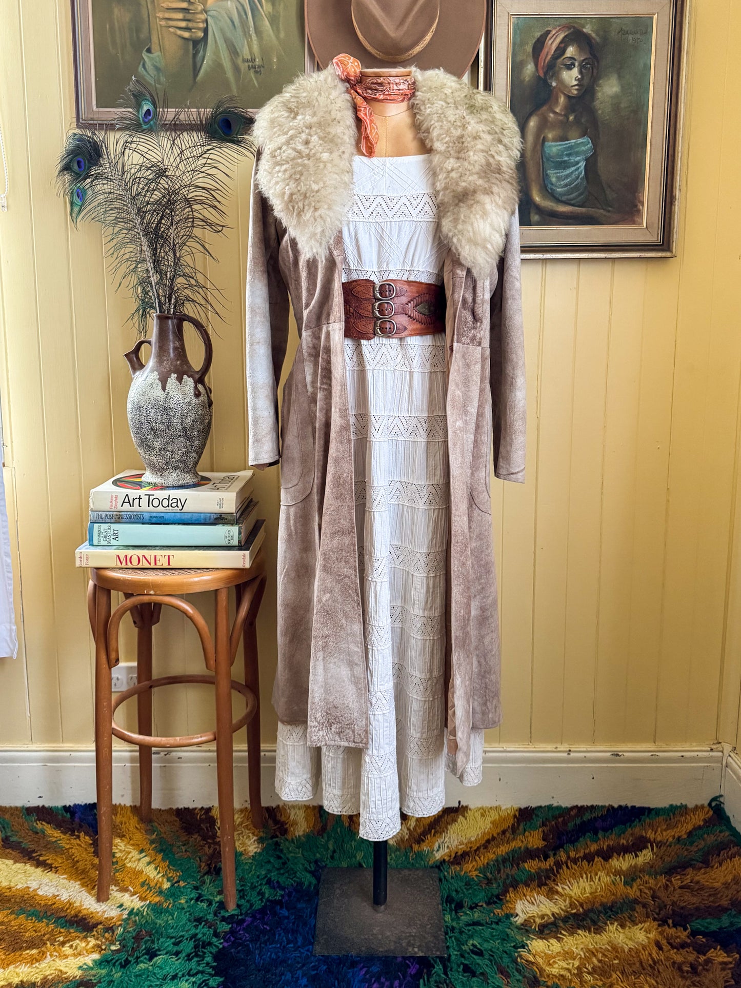 VINTAGE 1970S ENGLISH NATURAL SUEDE SHEEPSKIN LONGLINE WRAP COAT S/M