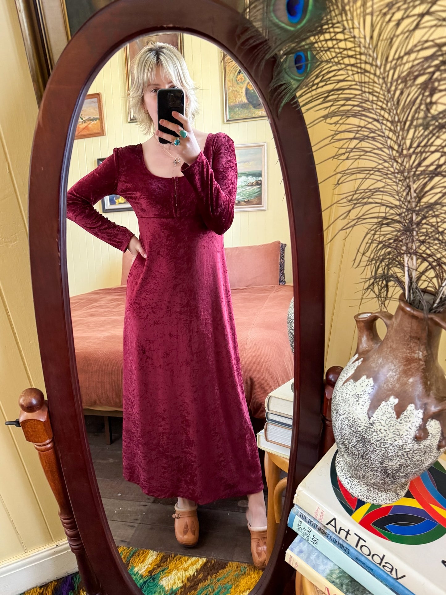 VINTAGE 1990S HOUND DOG GRUNGE VELVET SLINKY MAXI DRESS M/L