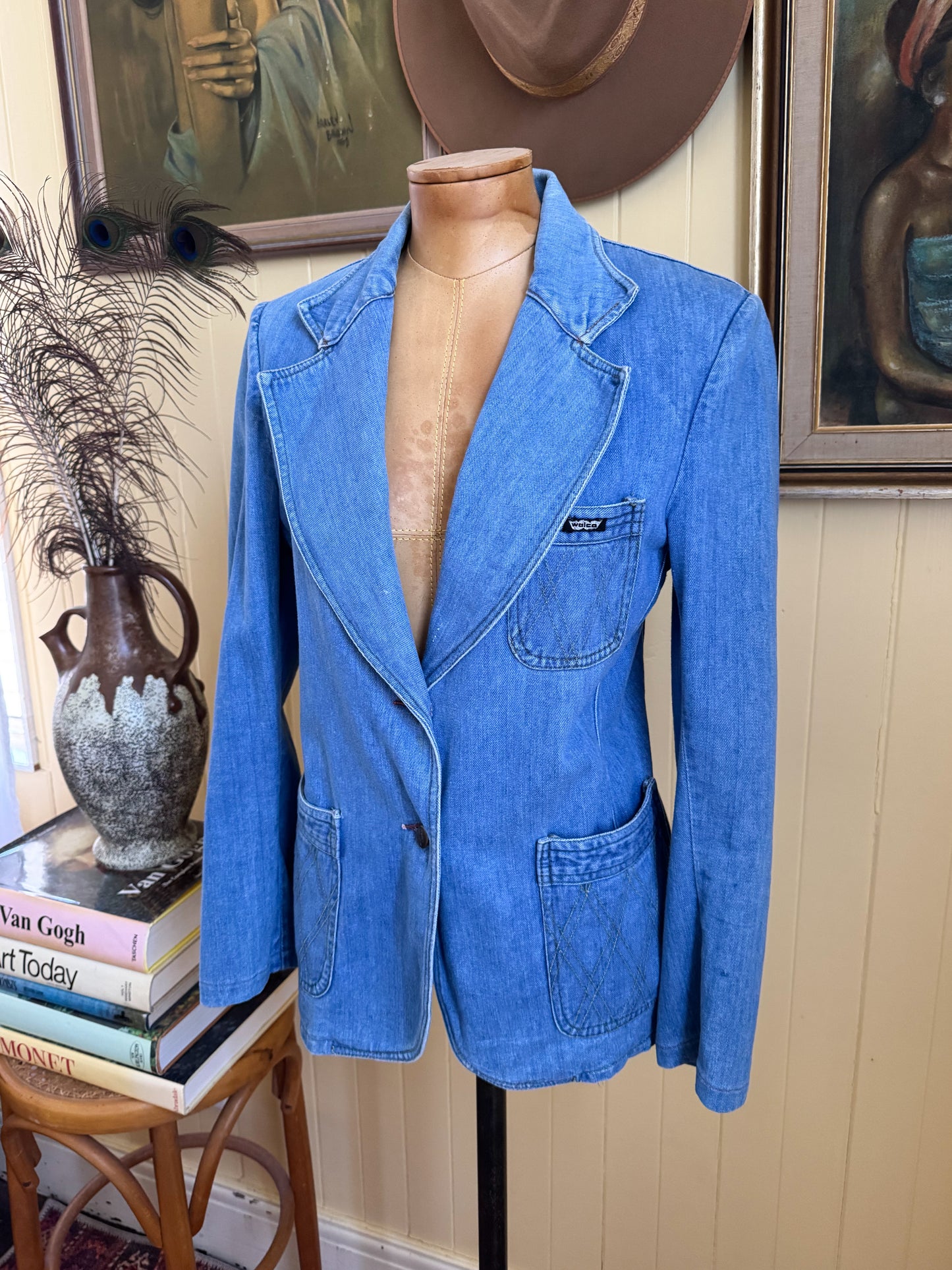VINTAGE 1970S WALCO COTTON DENIM FITTED BLAZER JACKET S/M