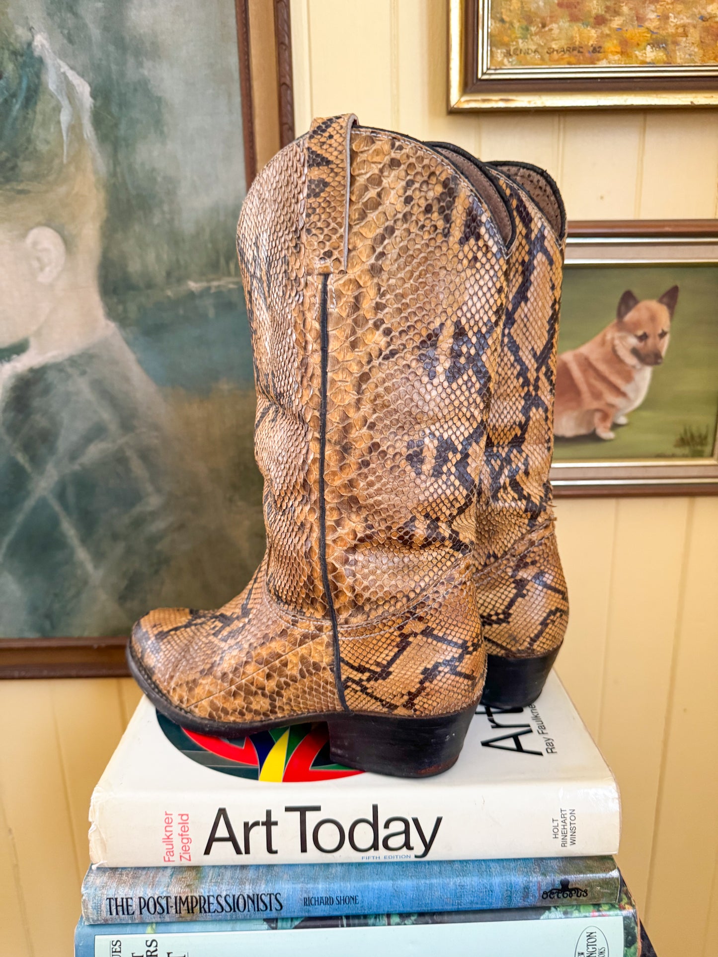 VINTAGE RARE EXOTIC PYTHON SNAKESKIN LEATHER WESTERN BOOTS 9/40