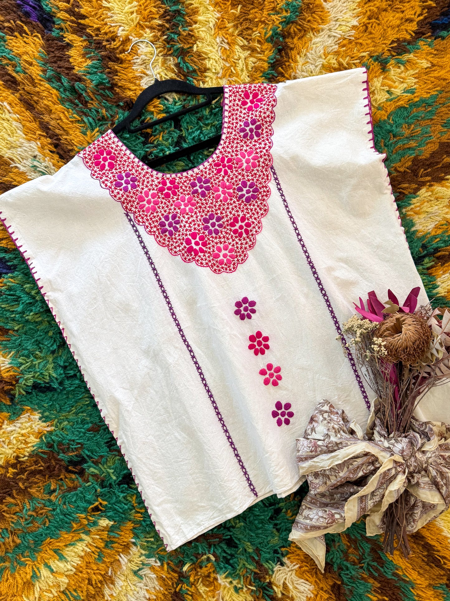 HANDMADE MEXICAN NATURAL COTTON EMBROIDERED HUIPIL TOP L/XL