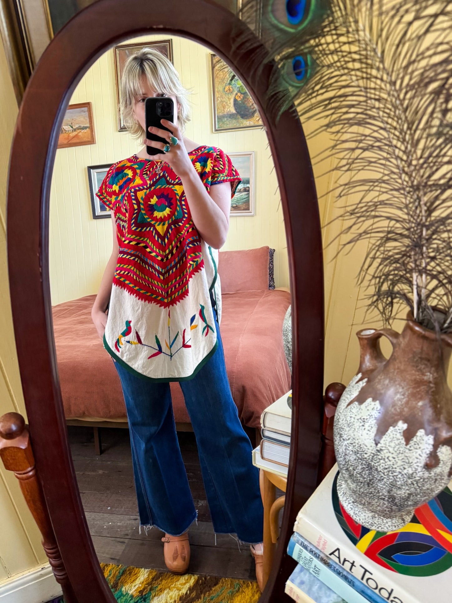 VINTAGE GUATEMALAN EMBROIDERED WOVEN COTTON HUIPIL OOAK PONCHO TOP M/L
