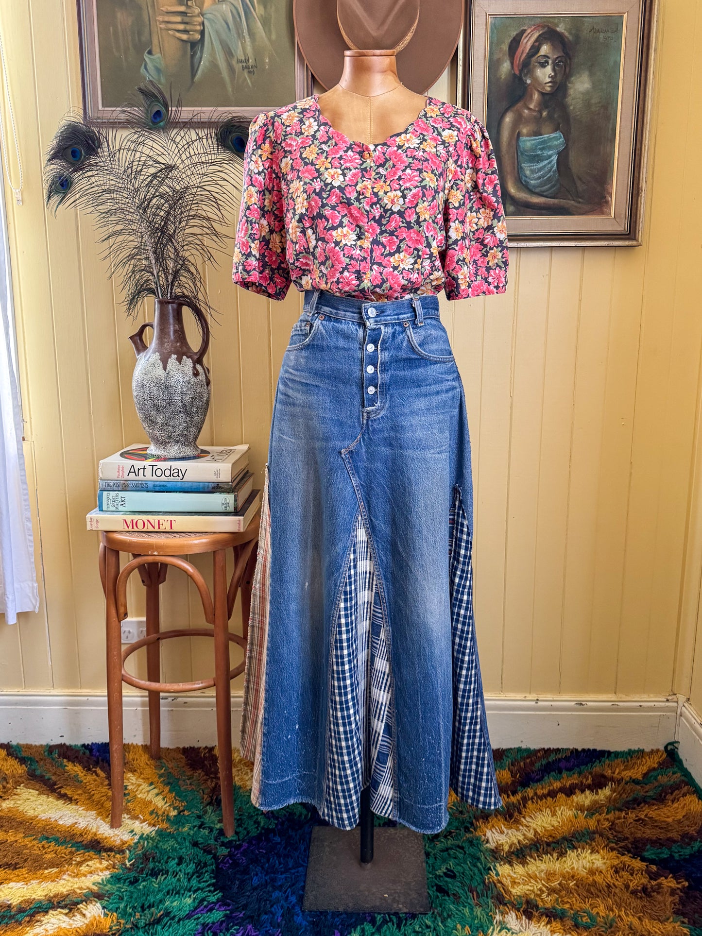 VINTAGE REWORKED LEVI’S COTTON DENIM PATCHWORK SPLICED MAXI SKIRT M