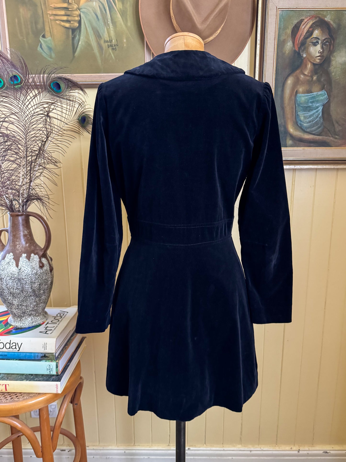 VINTAGE 1970S EMMA COTTON VELVET COLOUR BLOCK MINI DRESS S