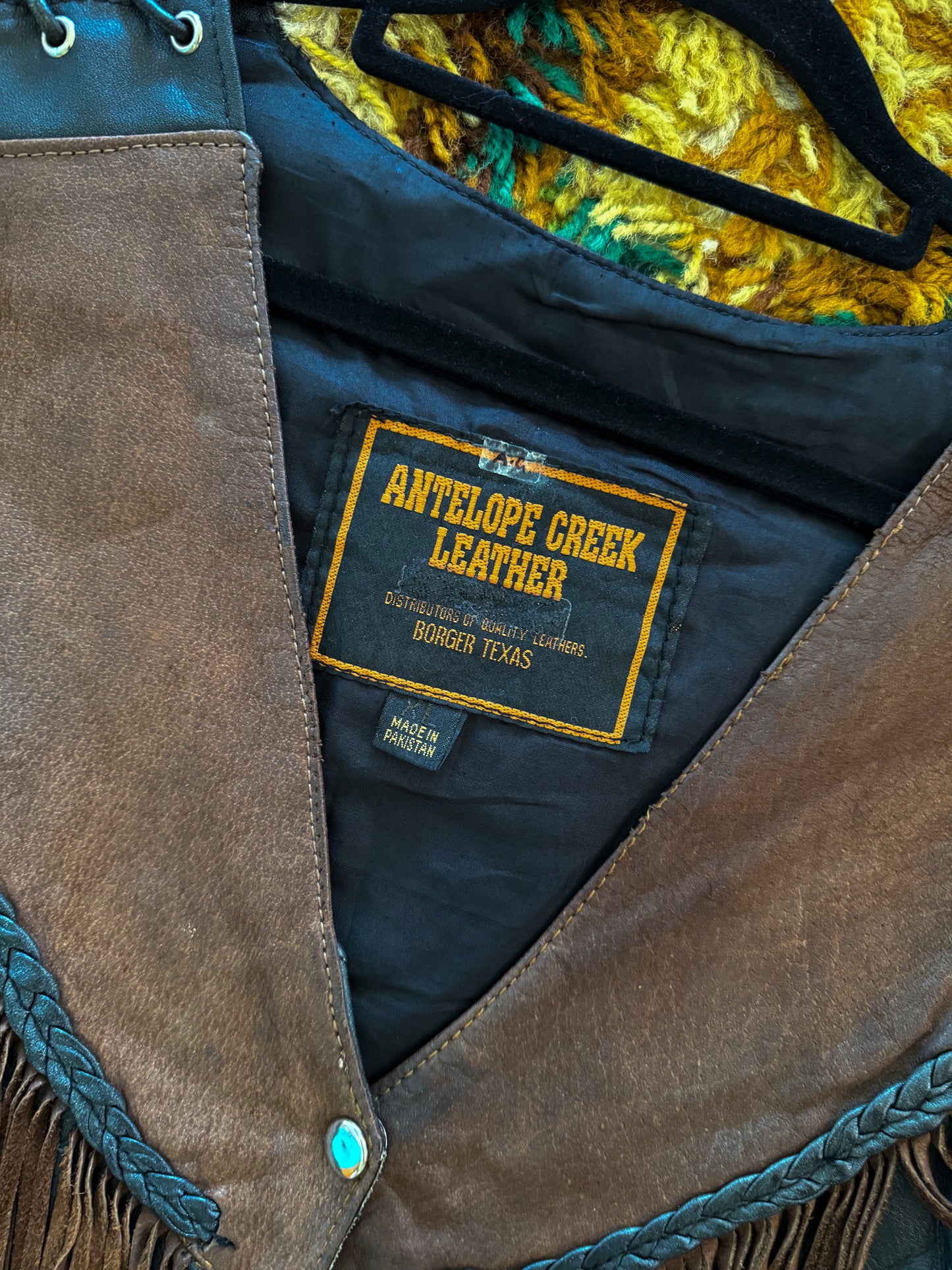 VINTAGE 1980S ANTELOPE CREEK LEATHER FRINGED WESTERN BIKER VEST L