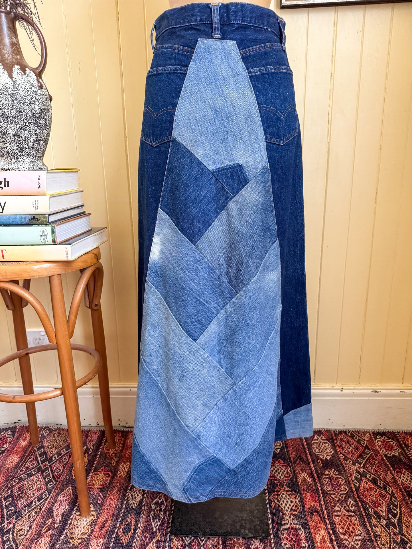 VINTAGE REWORKED LEVI’S COTTON DENIM PATCHWORK MIDI SKIRT S