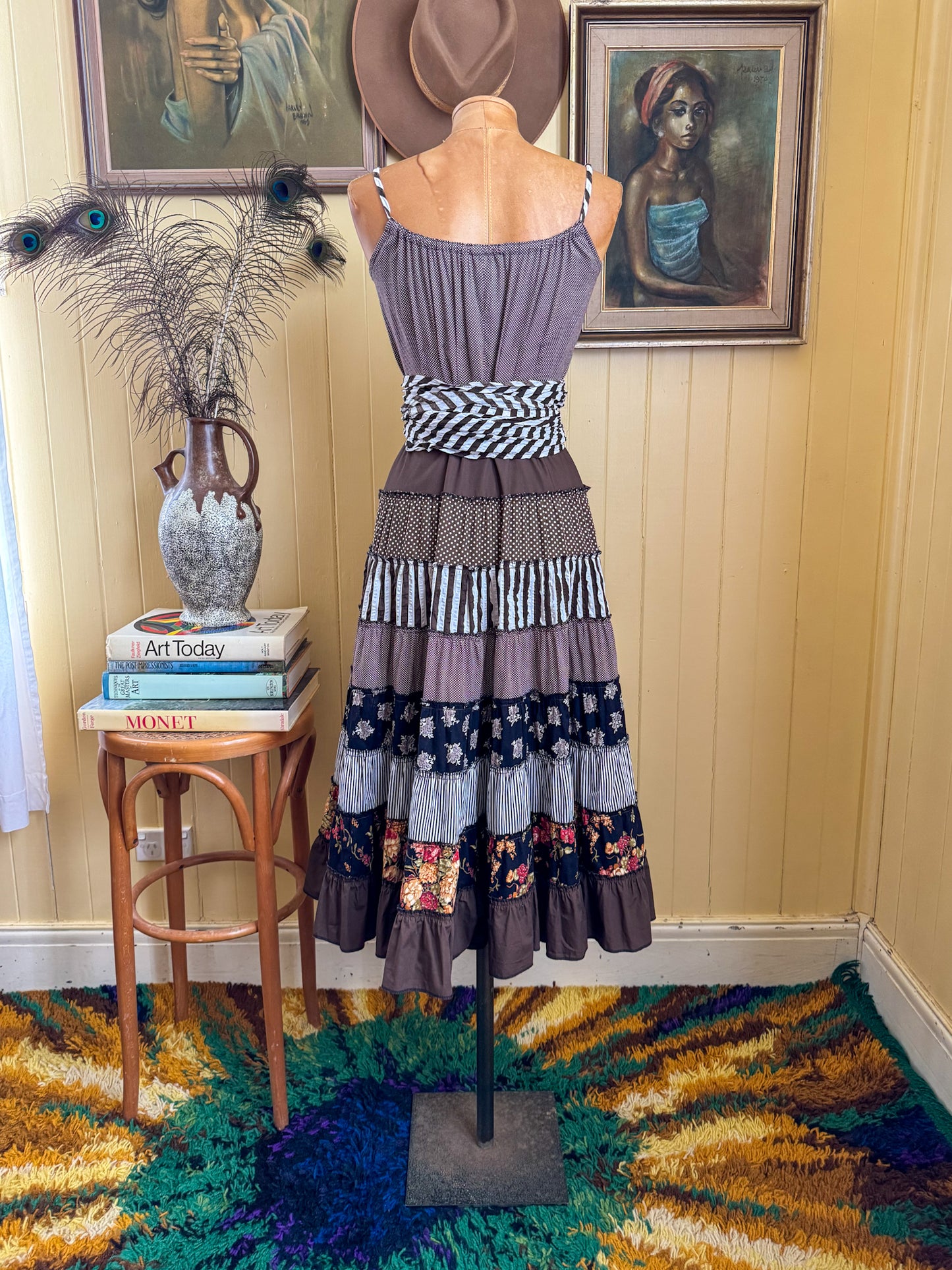 VINTAGE 1970S PRUE ACTON COTTON PATCHWORK TIERED MIDI SUN DRESS S