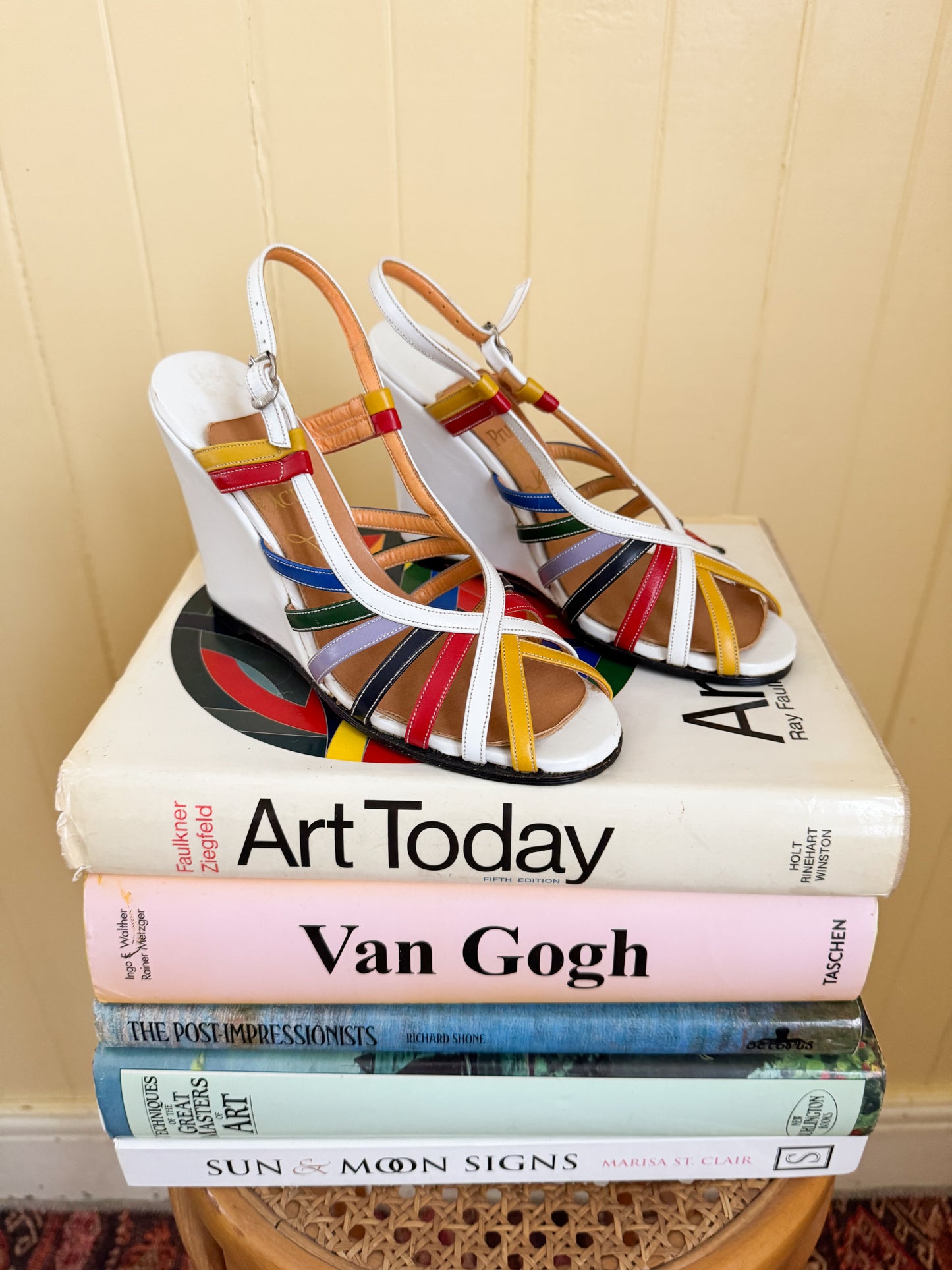 VINTAGE RARE PRUE ACTON RAINBOW LEATHER WEDGE HEELED SANDALS 6