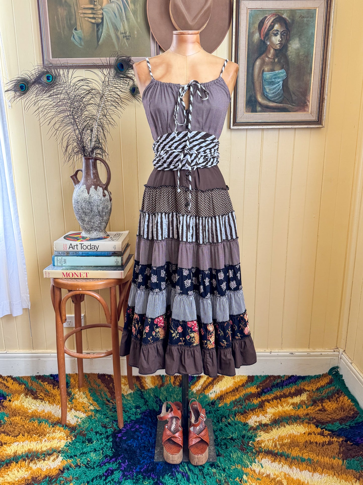 VINTAGE 1970S PRUE ACTON COTTON PATCHWORK TIERED MIDI SUN DRESS S