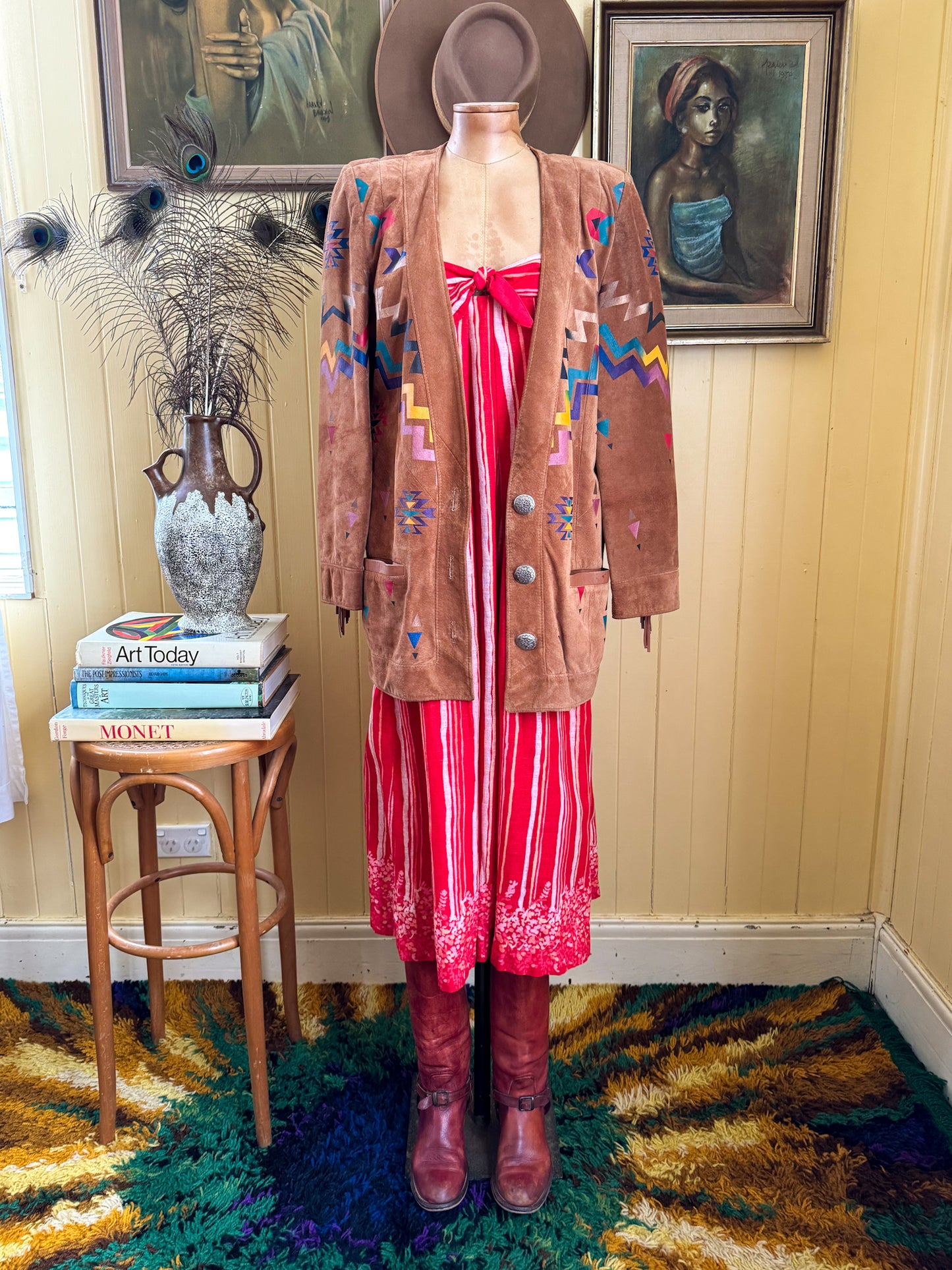VINTAGE 1980S PANACHE SUEDE FRINGED PAINTED WESTERN JACKET S/M