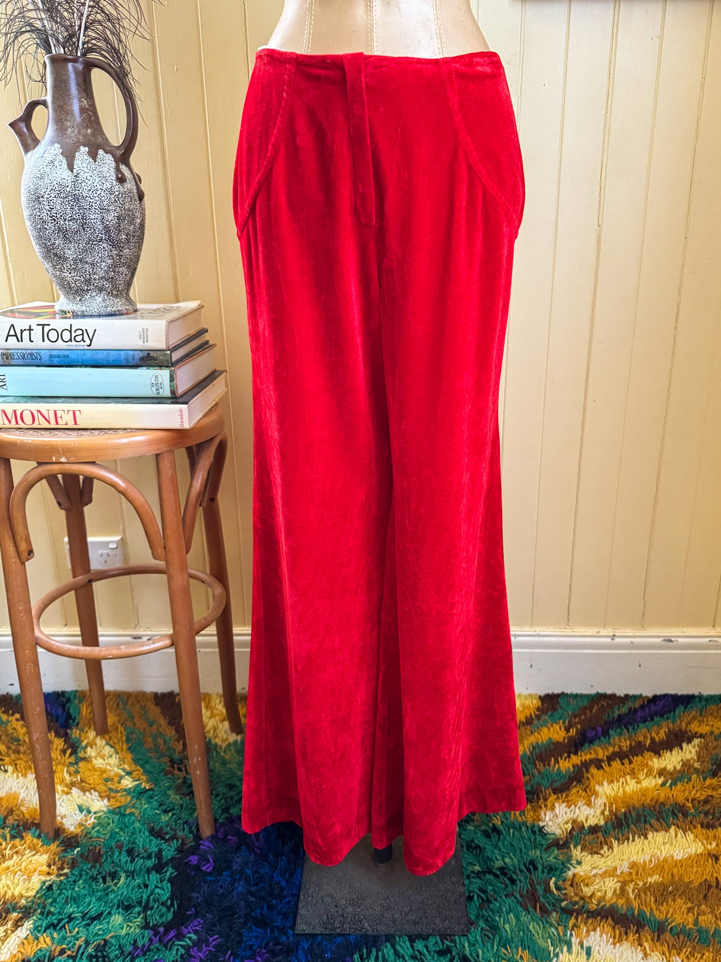 VINTAGE 1970S ST CHARLES RED VELVET WIDE LEG FLARE PANTS S/M