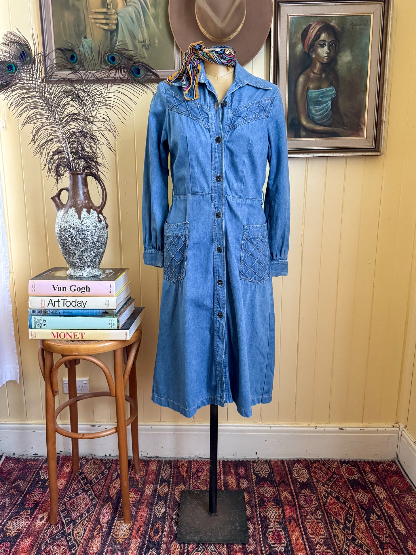 VINTAGE 1970S SUNDANCE COTTON DENIM BUTTON THROUGH MIDI SHIRT DRESS S