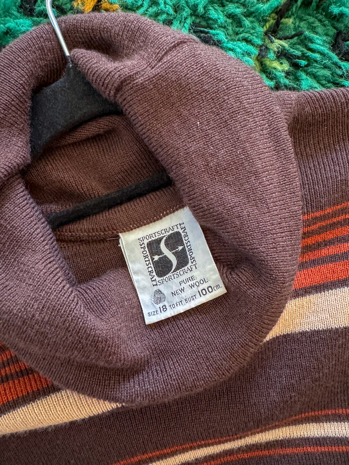 VINTAGE 1970S SPORTSCRAFT WOOLLEN KNIT ROLL NECK STRIPED JUMPER M/L