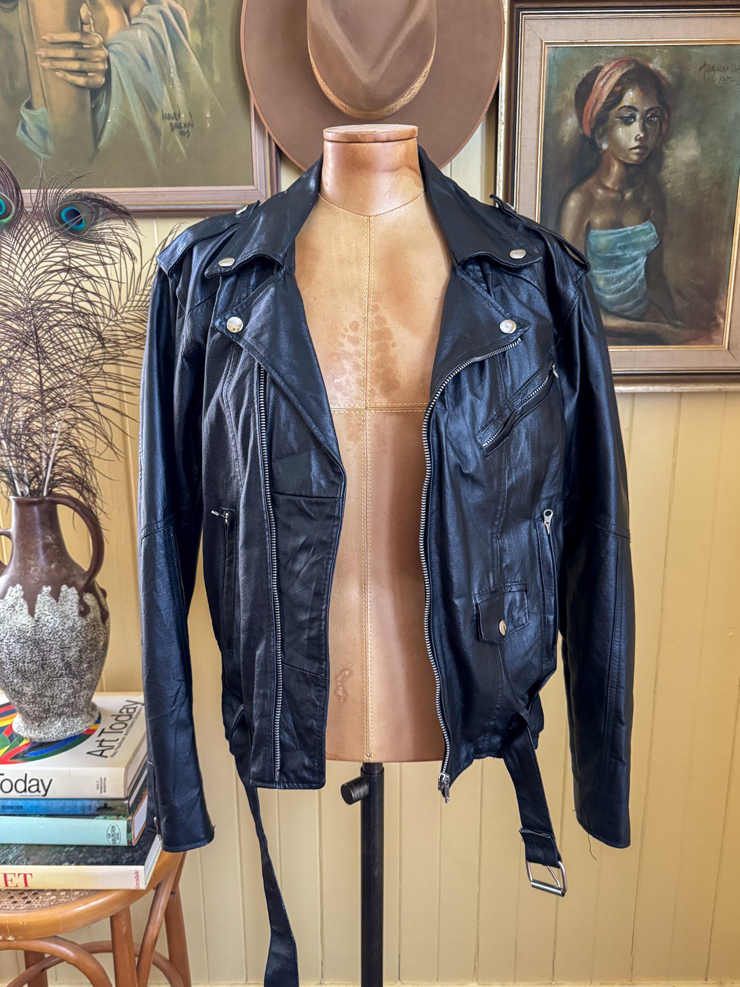 VINTAGE 1980S GIORGIO FIRMANI BLACK LEATHER MOTORCYCLE JACKET M