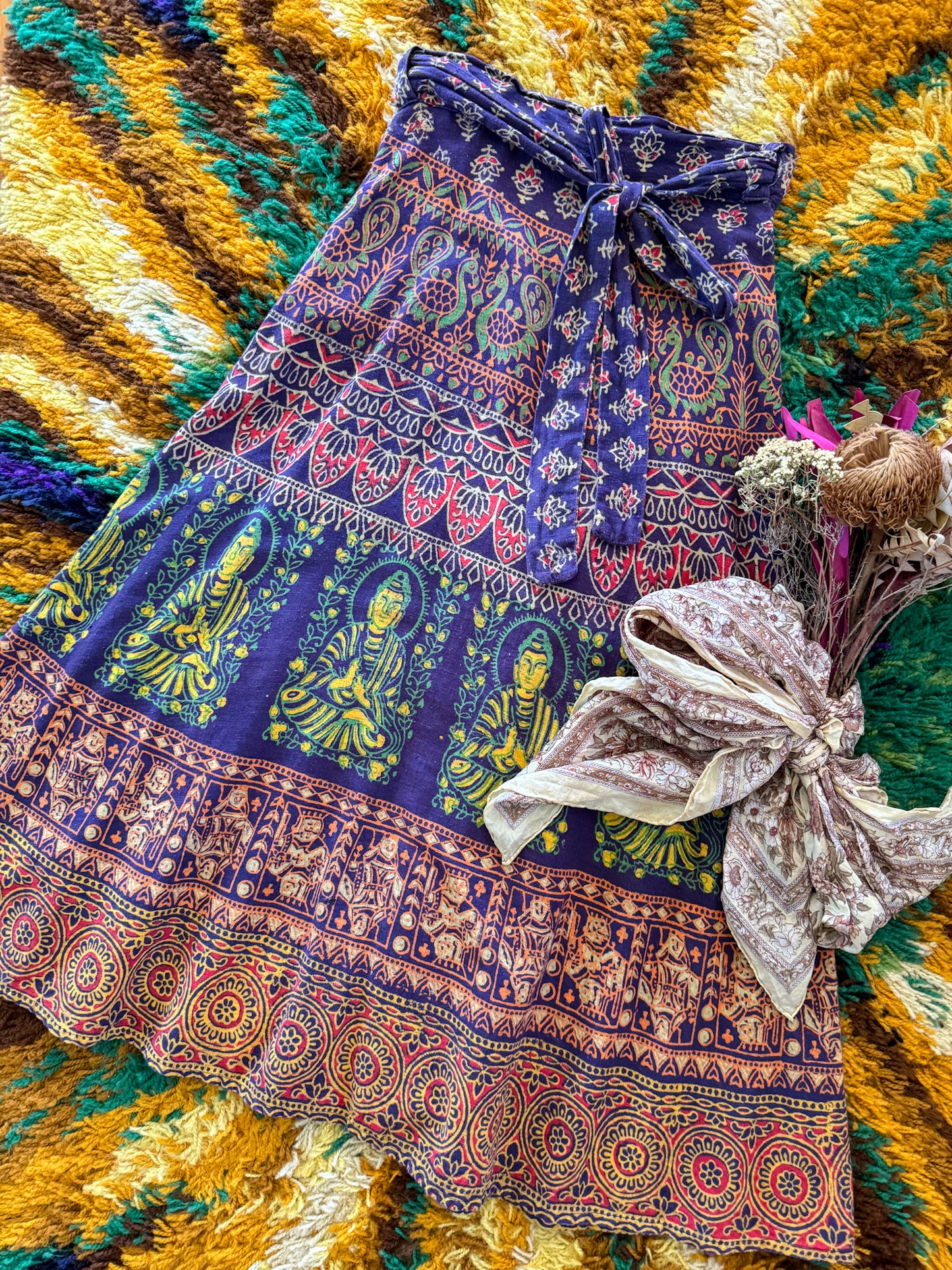 VINTAGE 1990S INDIAN COTTON BLOCK PRINT WRAP MIDI SKIRT S/M